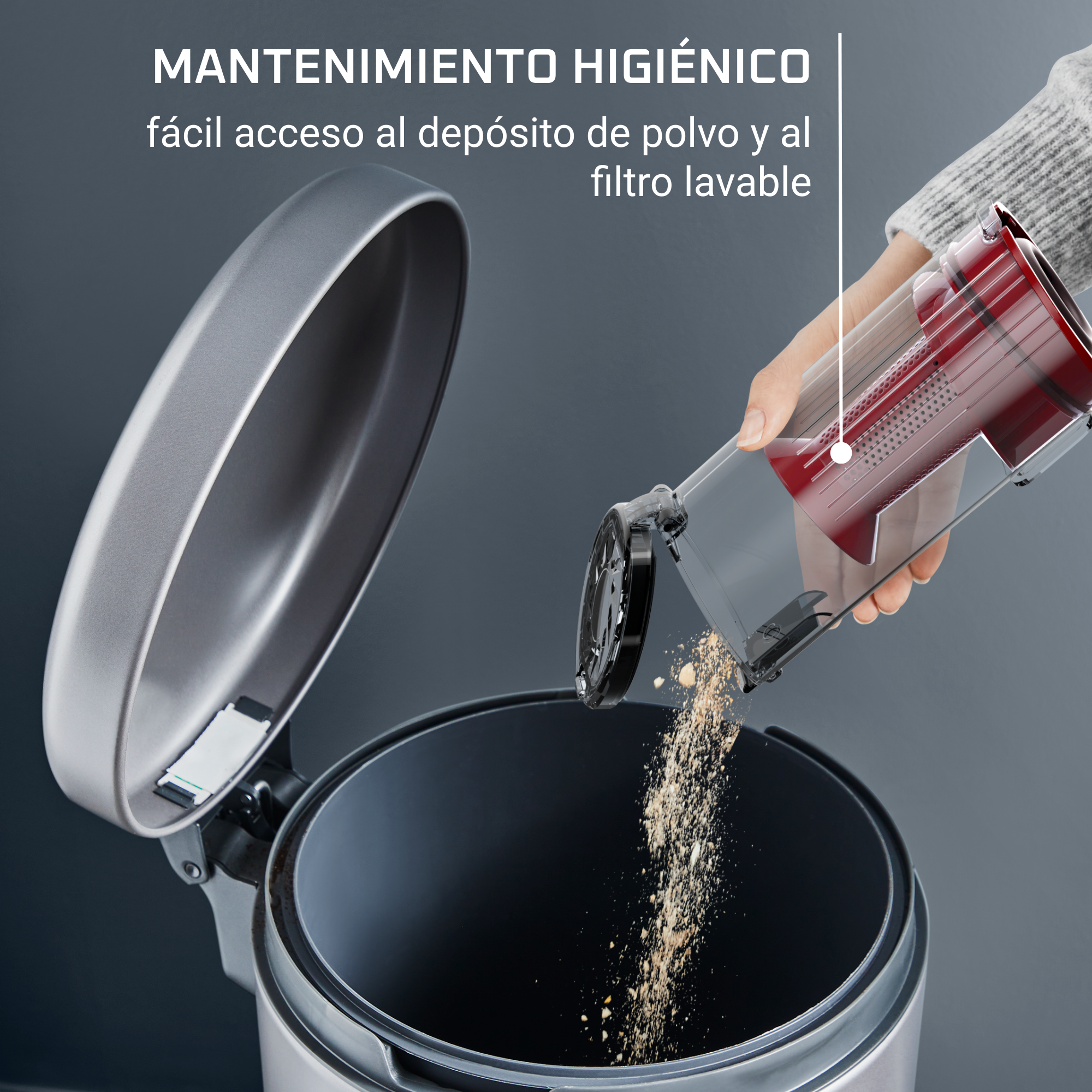 Mano vaciando el cubo de la aspiradora en un bote de basura con texto: 'Mantenimiento higiénico'.