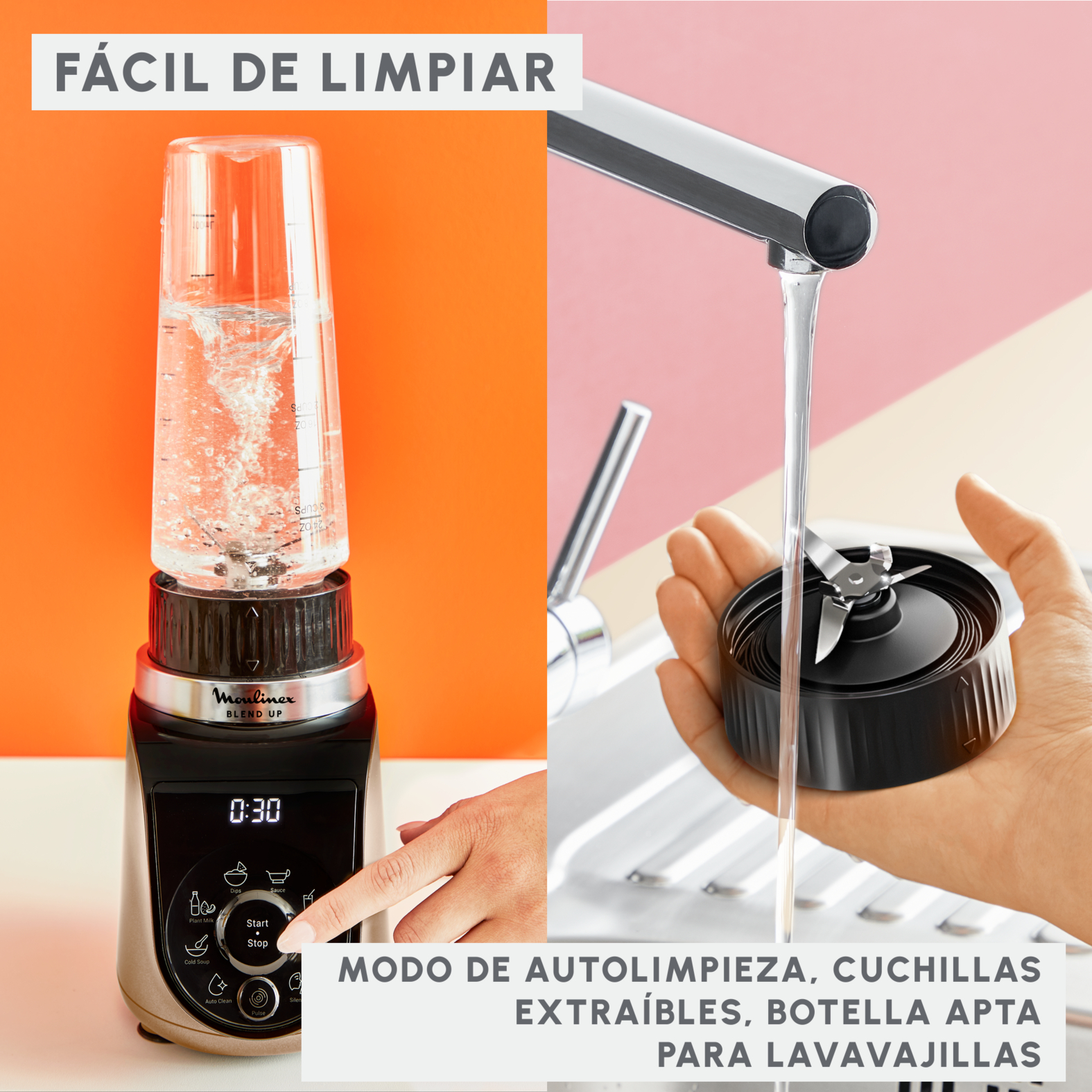 Licuadora con una mano y agua. El texto dice fácil de limpiar y modo de autolimpieza.