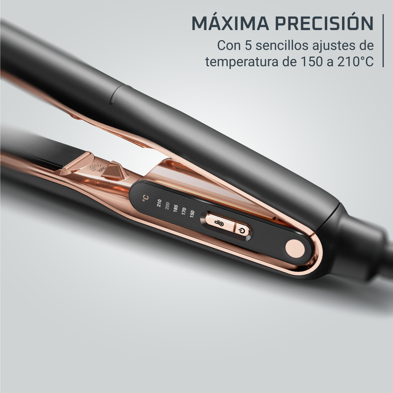 Primer plano de una plancha para el cabello negra y oro rosa. Texto: Máxima precisión, ajustes de temperatura.