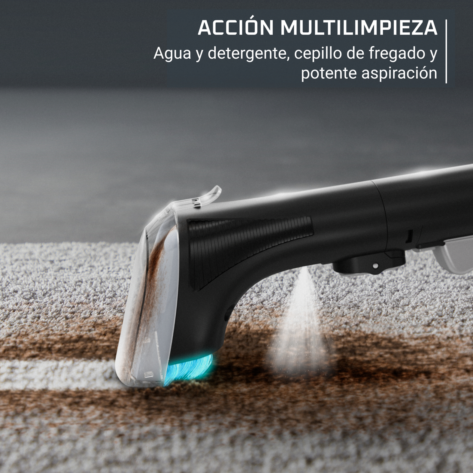 Una herramienta de limpieza limpiando alfombras, con rociador de agua y texto sobre acción multilimpiadora.