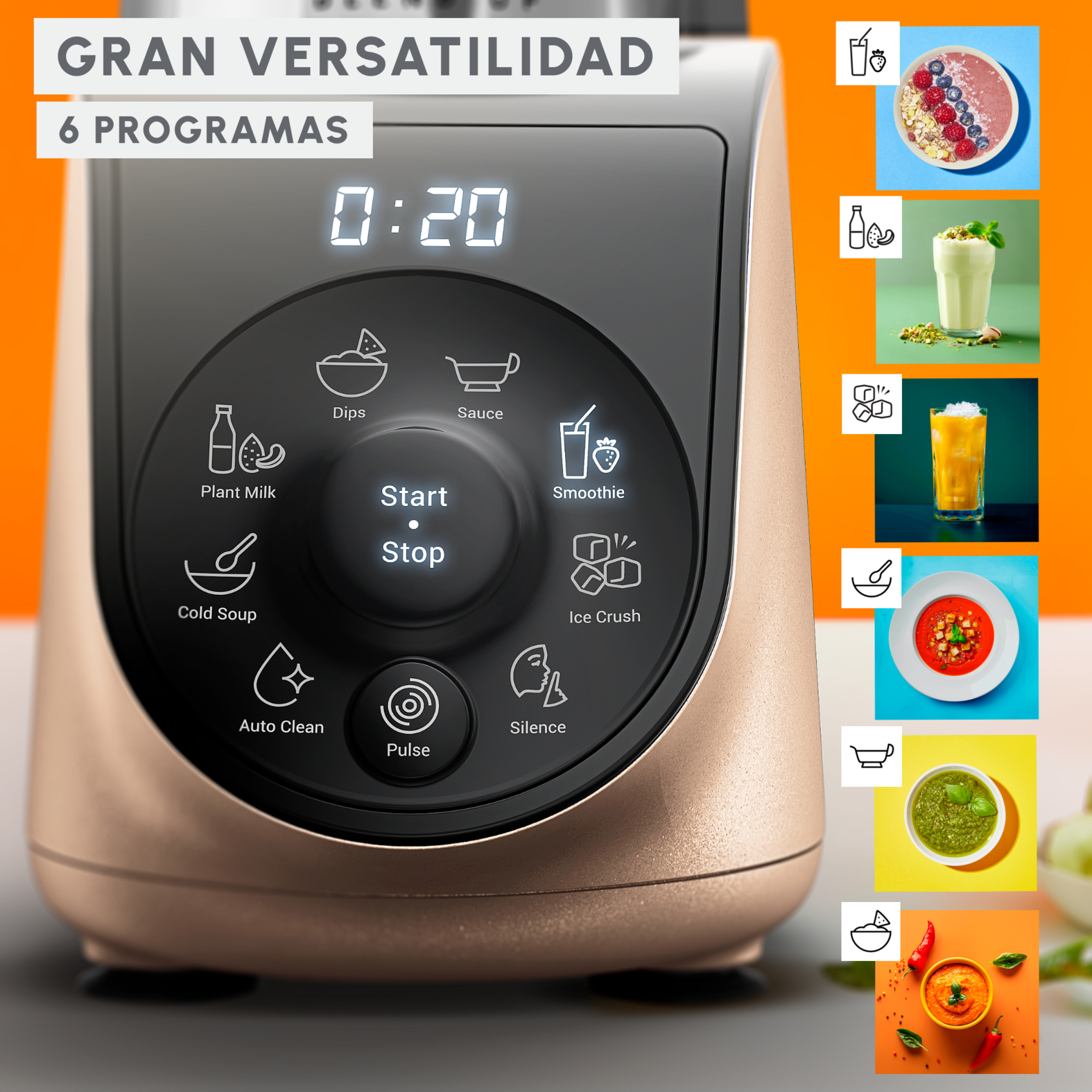 Licuadora con pantalla táctil e imágenes de ingredientes para batidos.