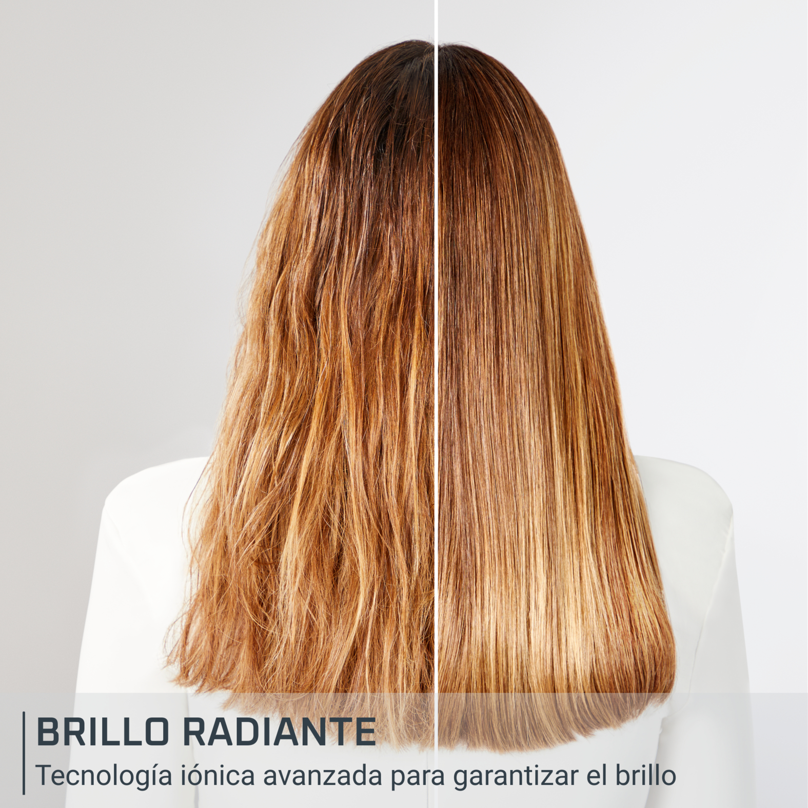 Cabello antes y después del tratamiento, mostrando una diferencia en brillo y suavidad.