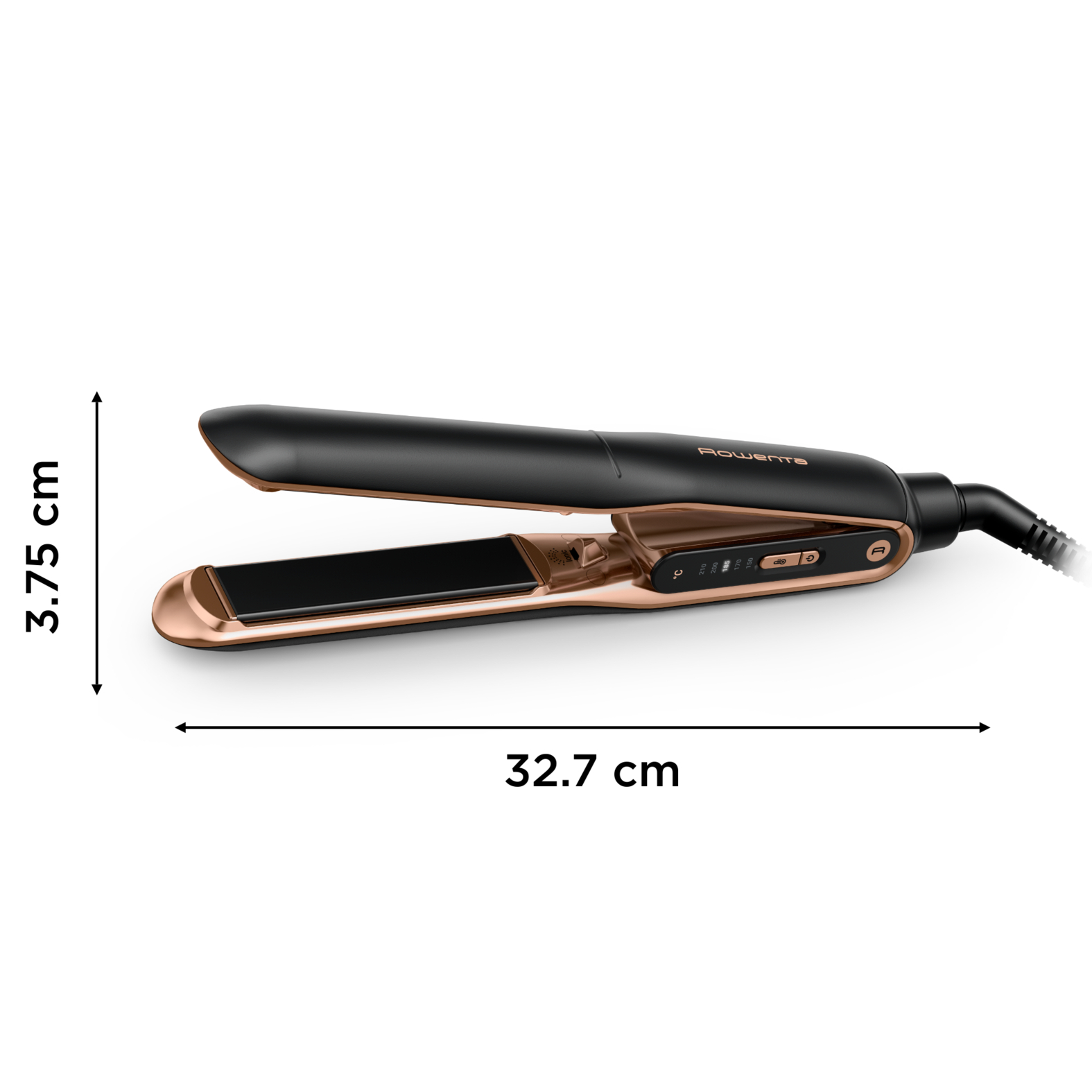 Plancha de pelo negra y oro rosa con dimensiones.