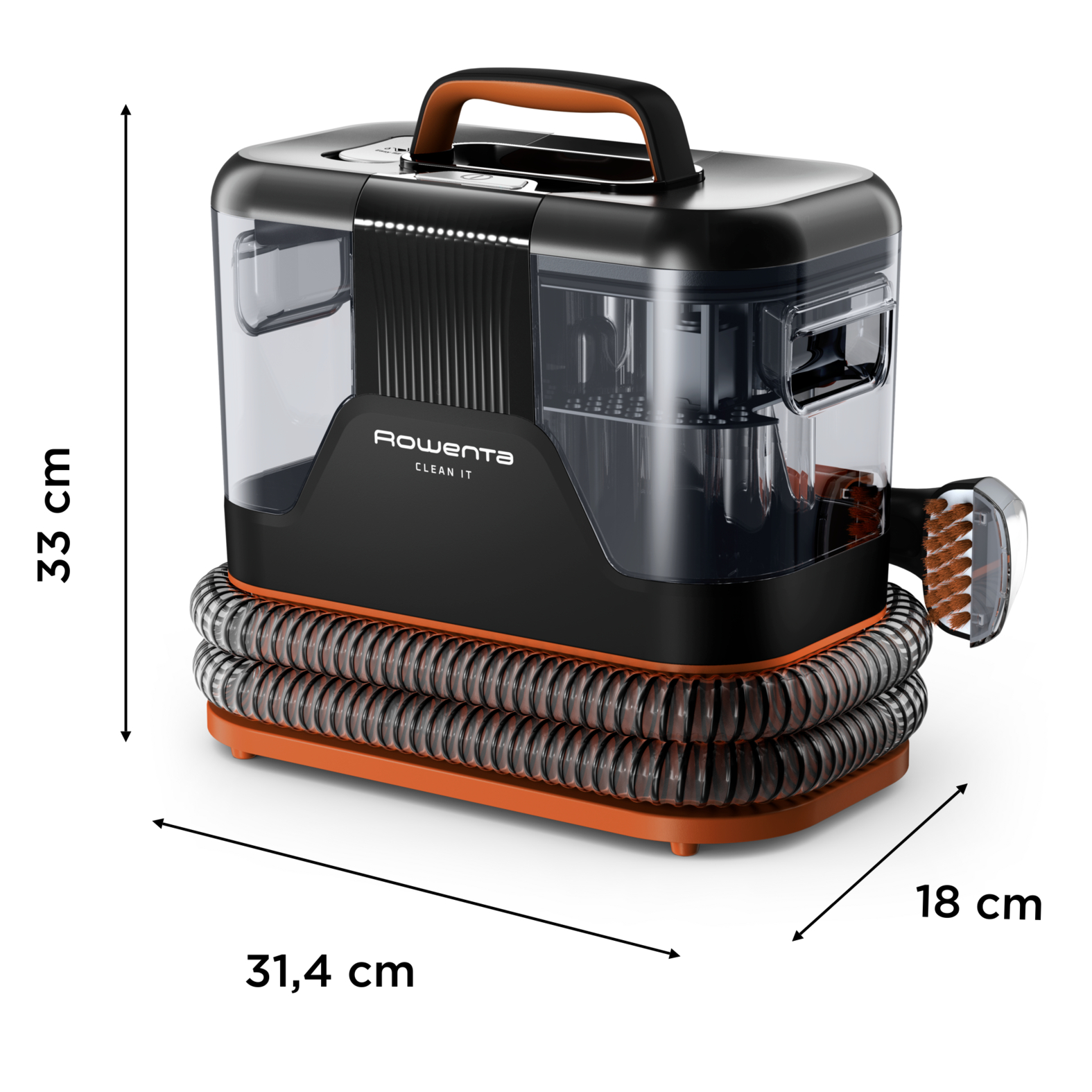 Limpiador de alfombras Rowenta Clean It negro con detalles naranjas. Se muestran medidas.