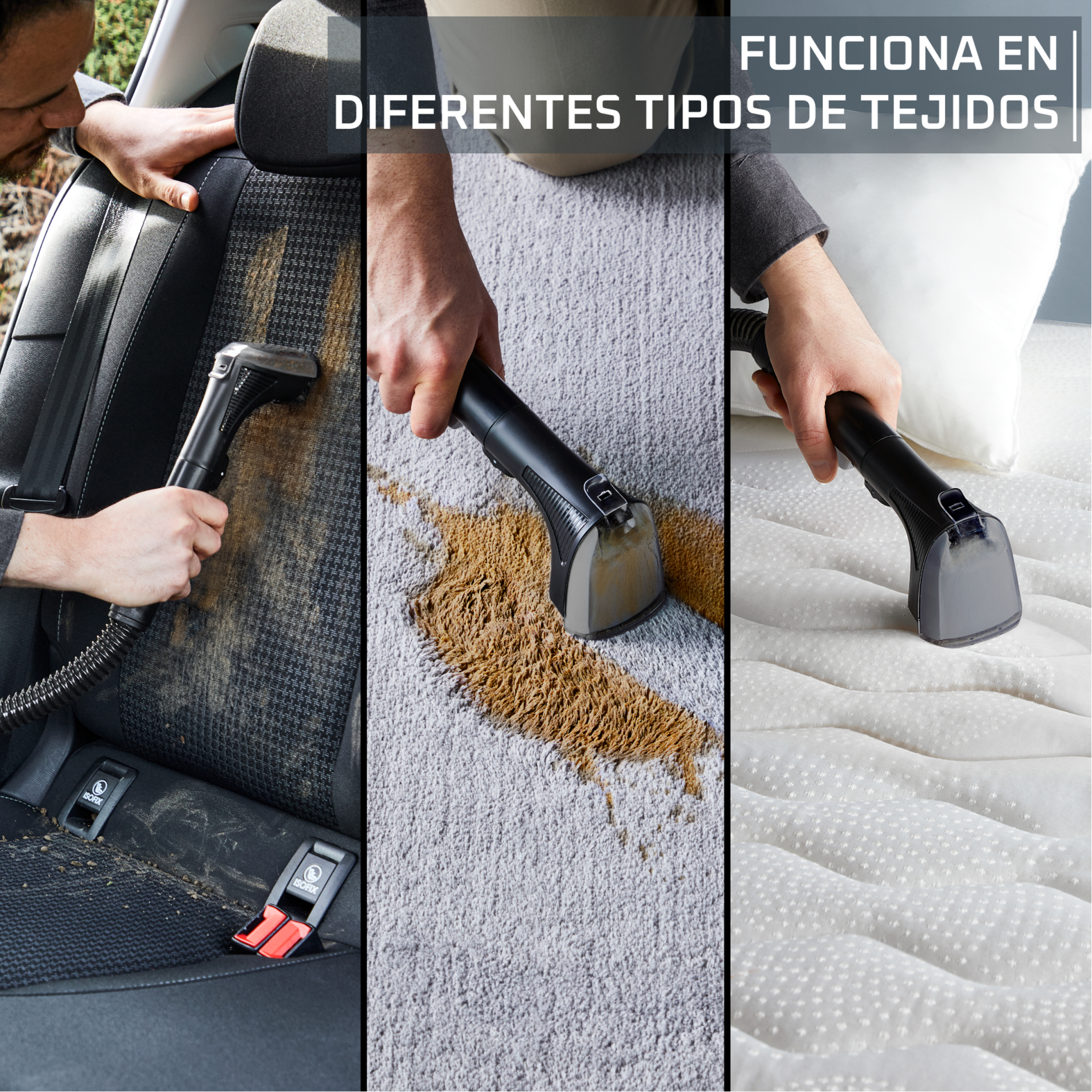 Tres imágenes muestran la limpieza de varias telas con una herramienta de limpieza.
