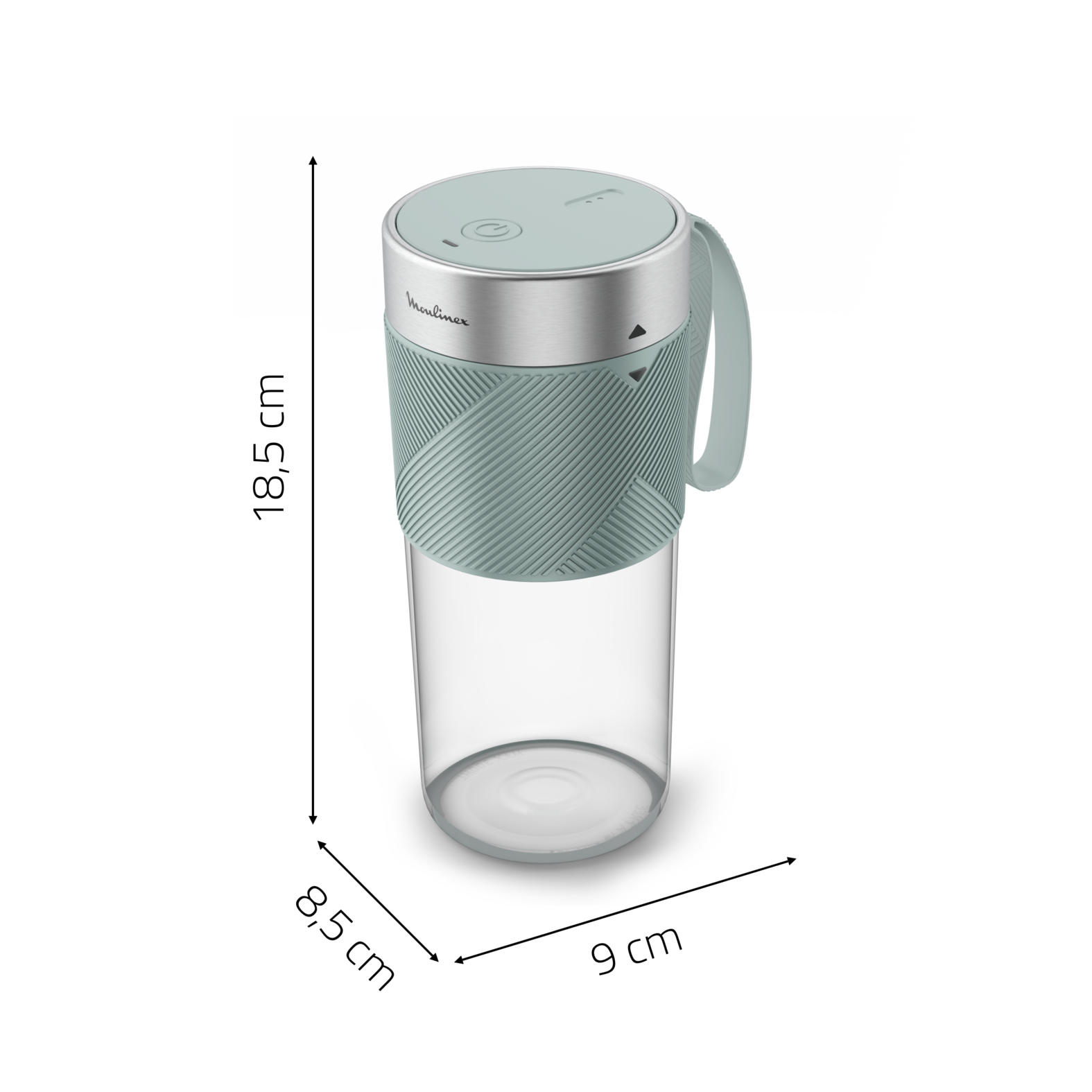Vaso de licuadora Moulinex azul claro. Tiene asa y detalles plateados. Dimensiones: 18.5x8.5x9 cm.