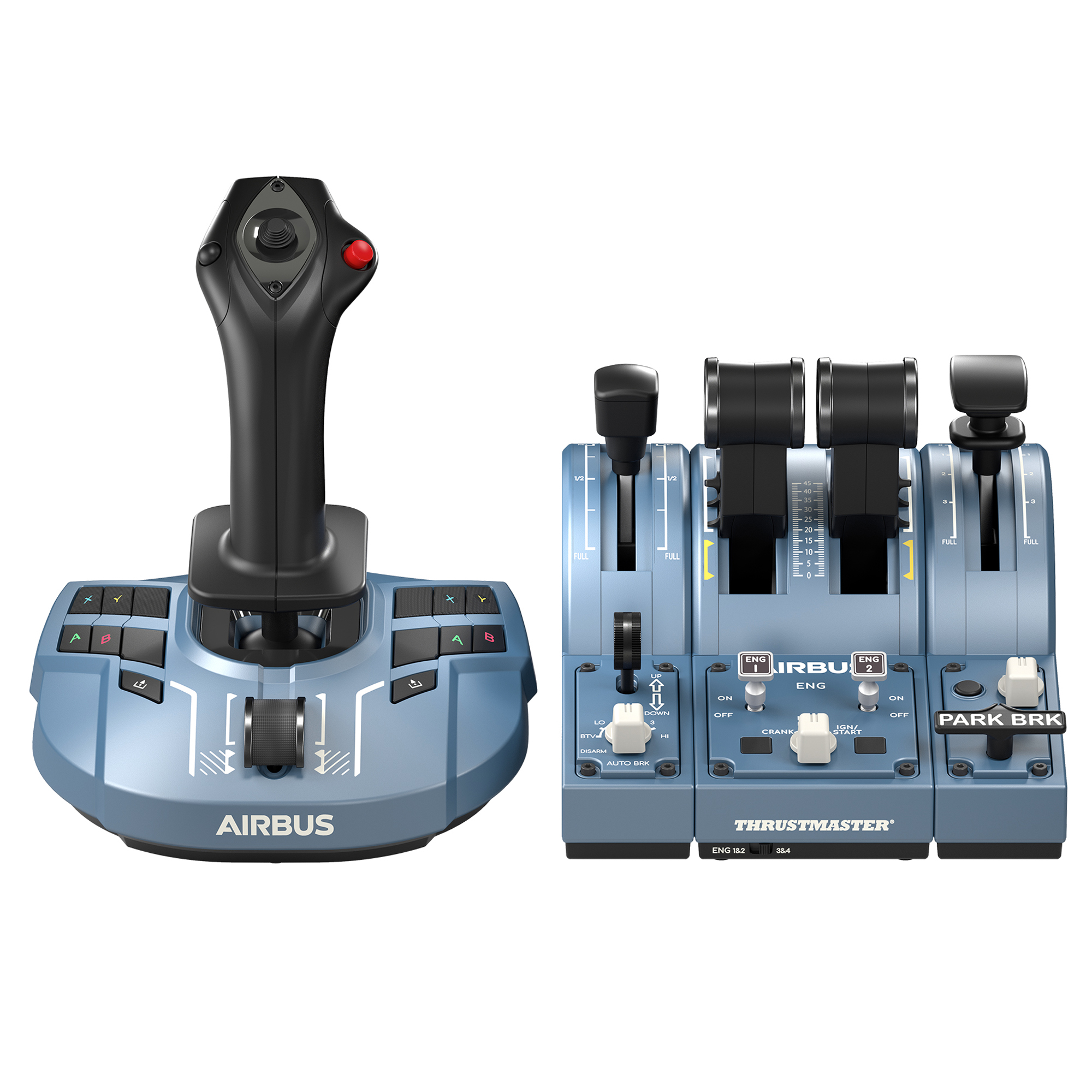 Ein Flugsimulator-Setup mit Airbus-Joystick und Schubhebel-Quadrant, beide blau.