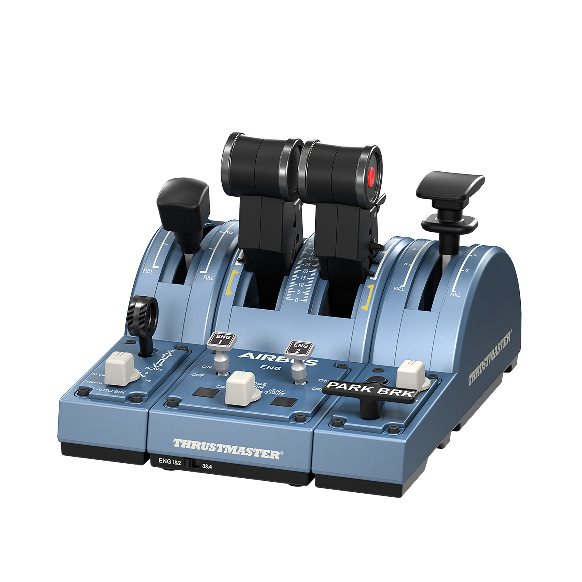 Blaue und graue Flugsimulator-Steuerung. Es hat Hebel, Knöpfe und Schalter, mit dem Thrustmaster-Logo.