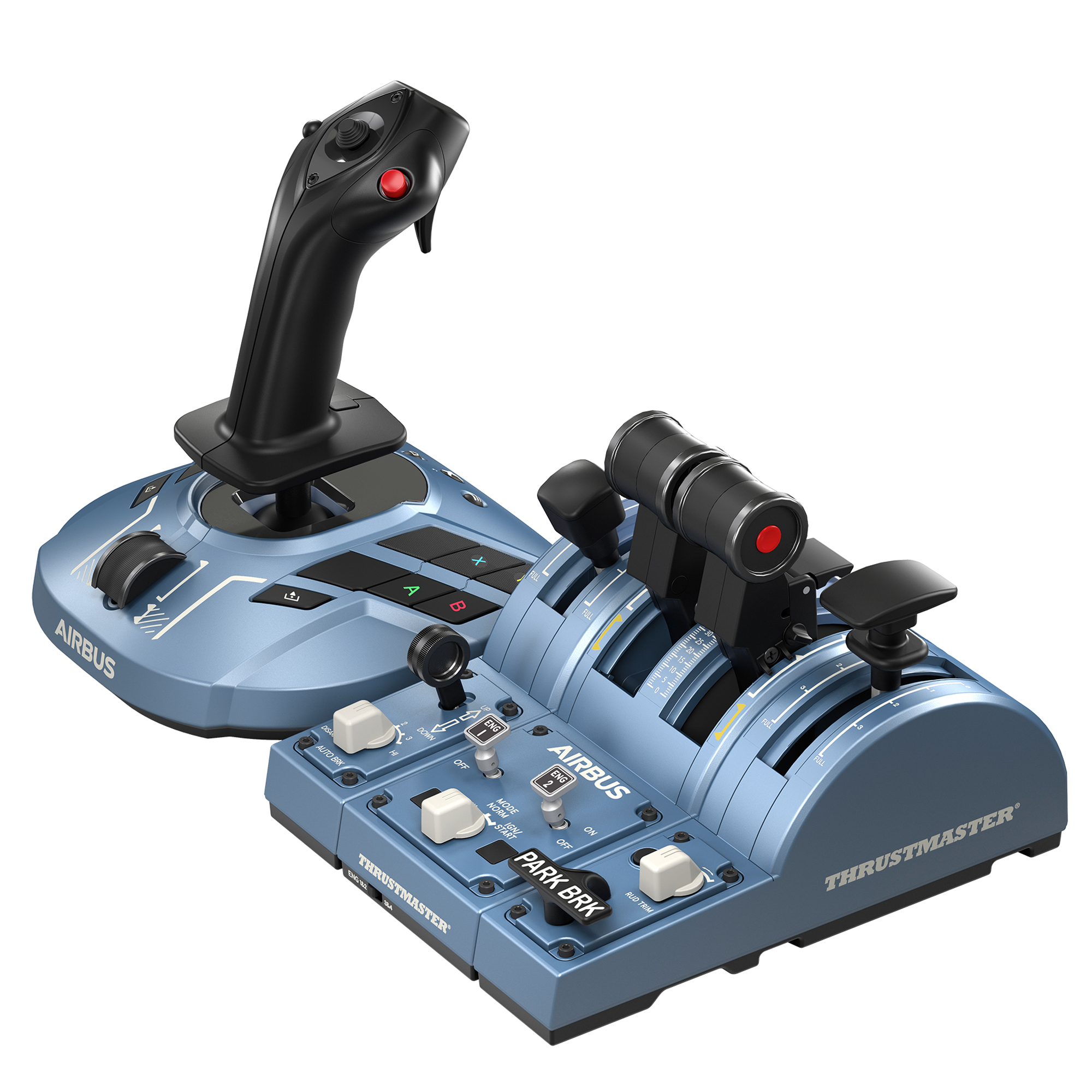 Blauer Airbus-Joystick und Schubhebel. Auf den Geräten steht 'Airbus' und 'Thrustmaster'.
