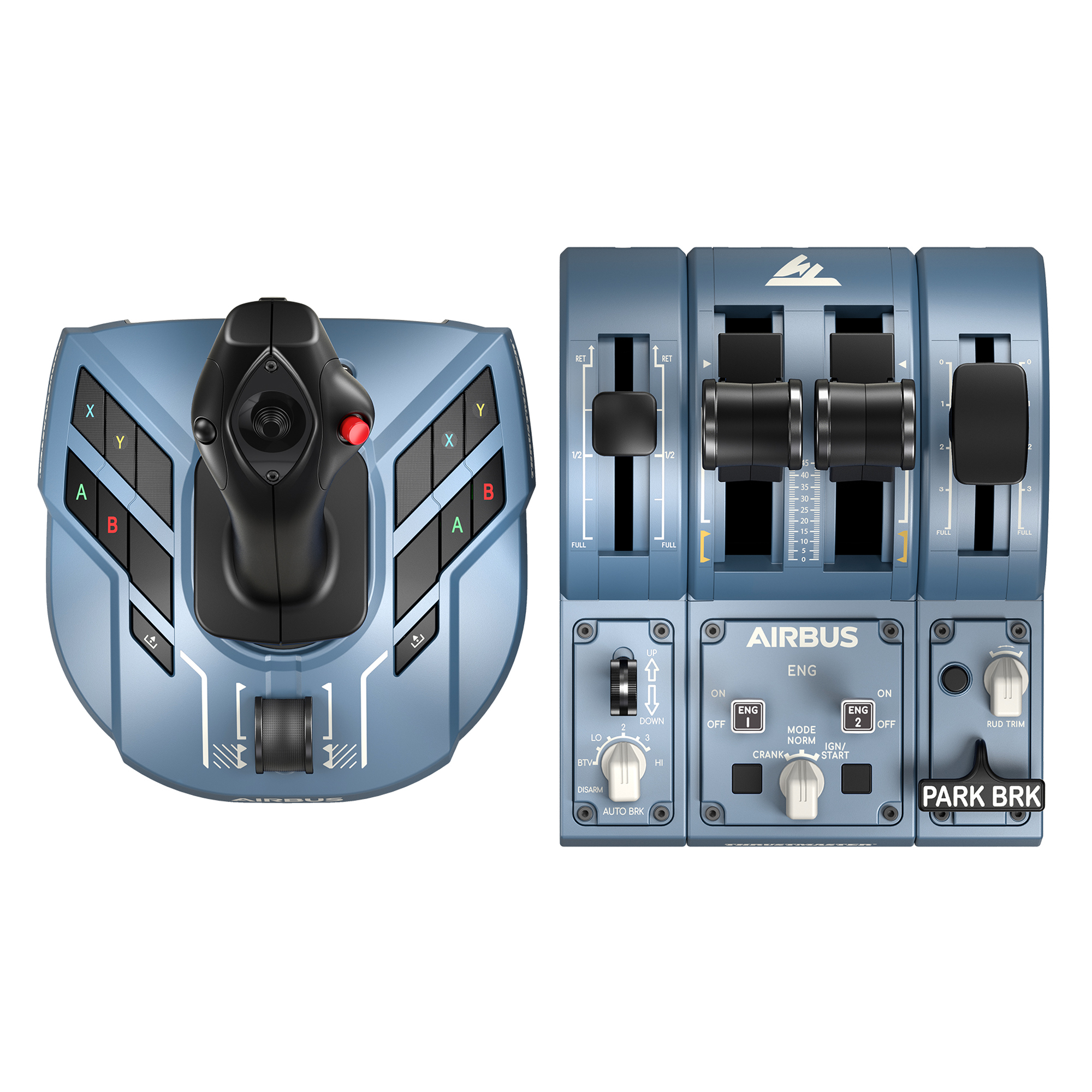 Flugsimulator-Bedienelemente. Ein Joystick und ein Satz Gashebel, blau und schwarz.