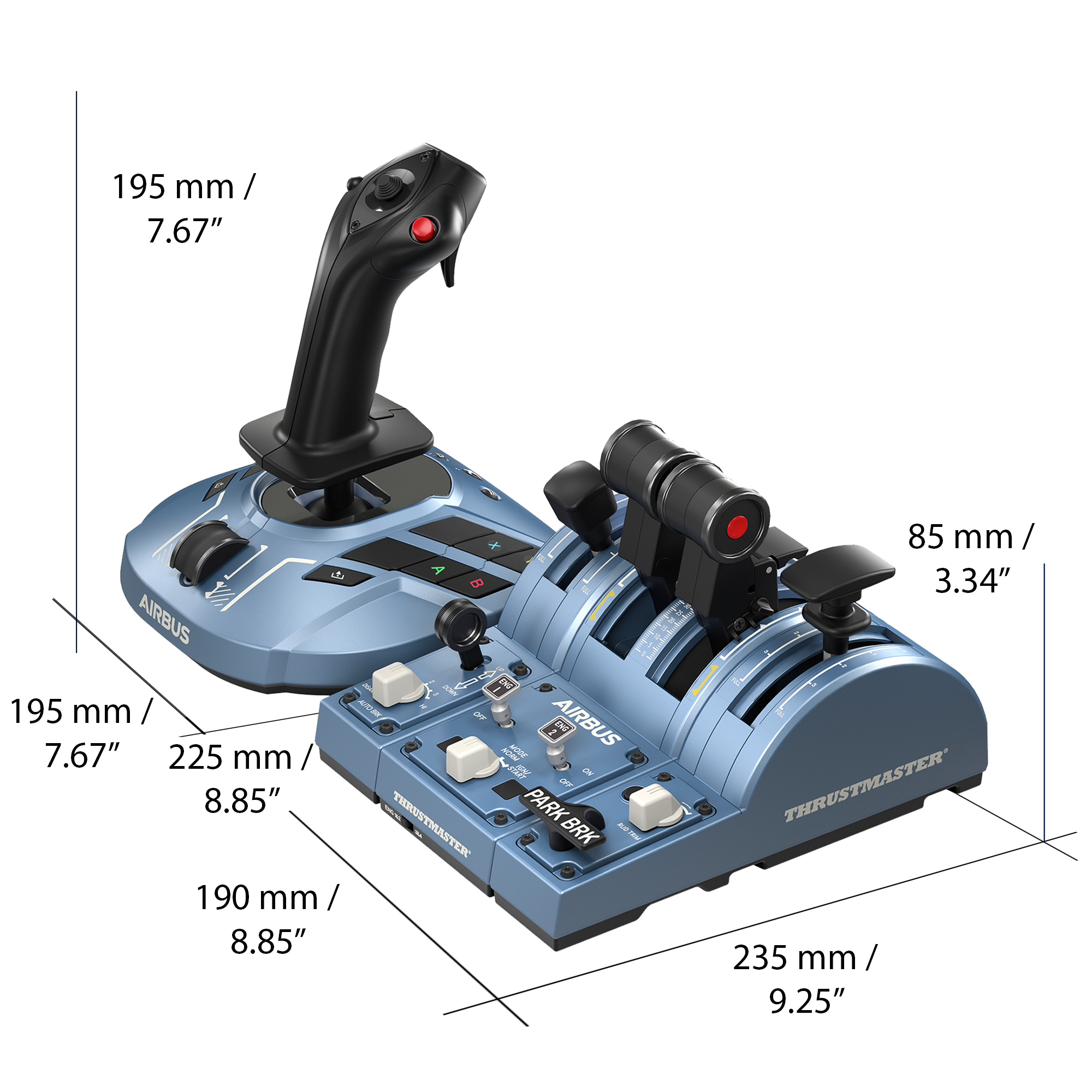 Zwei hellblaue Joysticks mit Abmessungen. Der Text lautet Airbus und Thrustmaster.