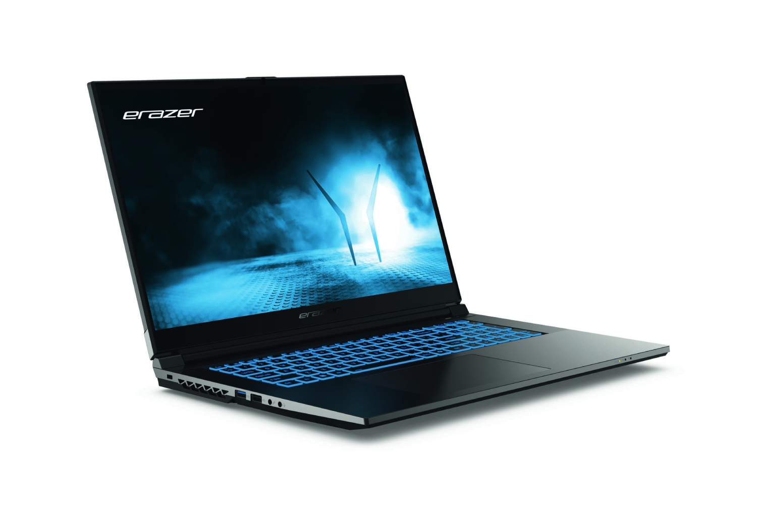 Portátil gaming negro y azul, abierto, con teclado y pantalla azul brillante.