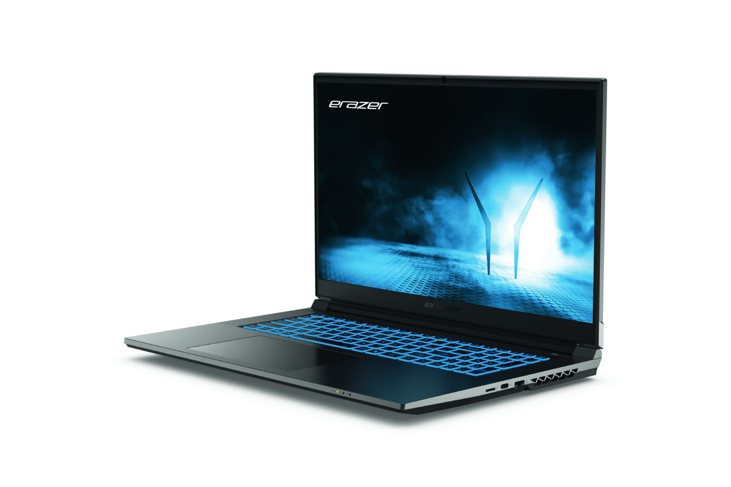 Ordenador portátil negro con teclado iluminado en azul, abierto sobre superficie blanca. Pantalla con gráfico azul.