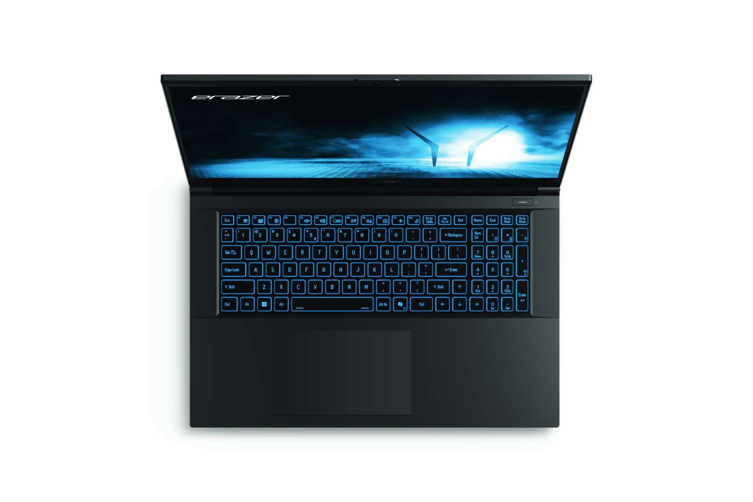 Portátil negro con teclado iluminado en azul.