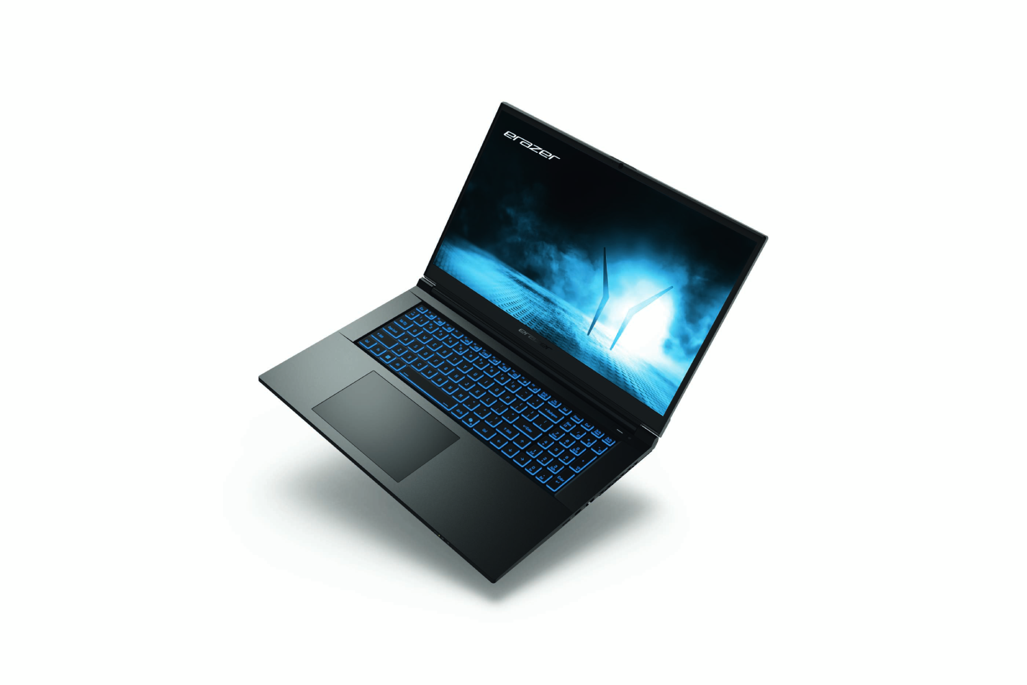 Un portátil gaming negro con teclado azul iluminado, en ángulo, sobre fondo blanco.