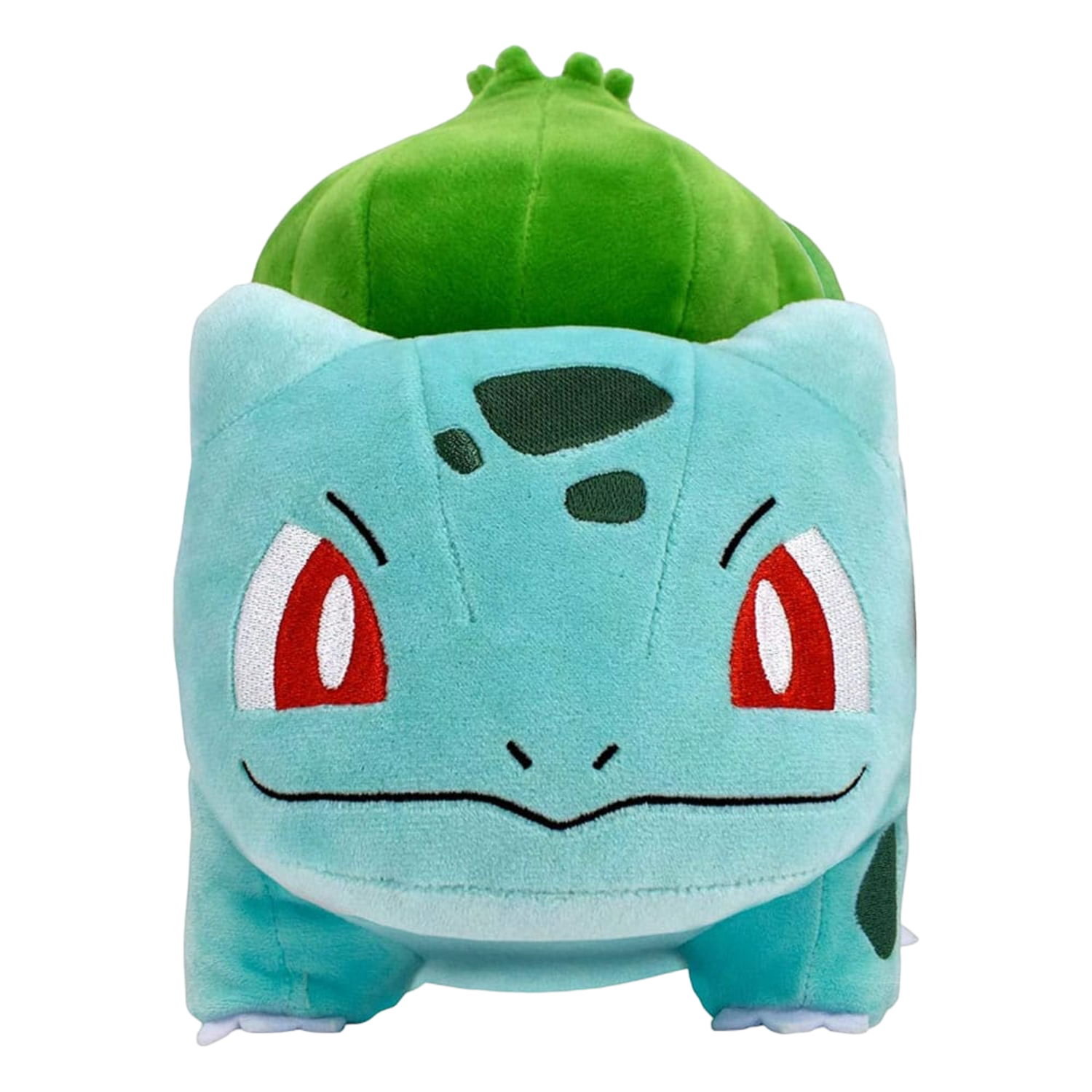 Bulbasaur pluche speelgoed. Blauw lichaam, groene kop met een bol, rode ogen en witte accenten.