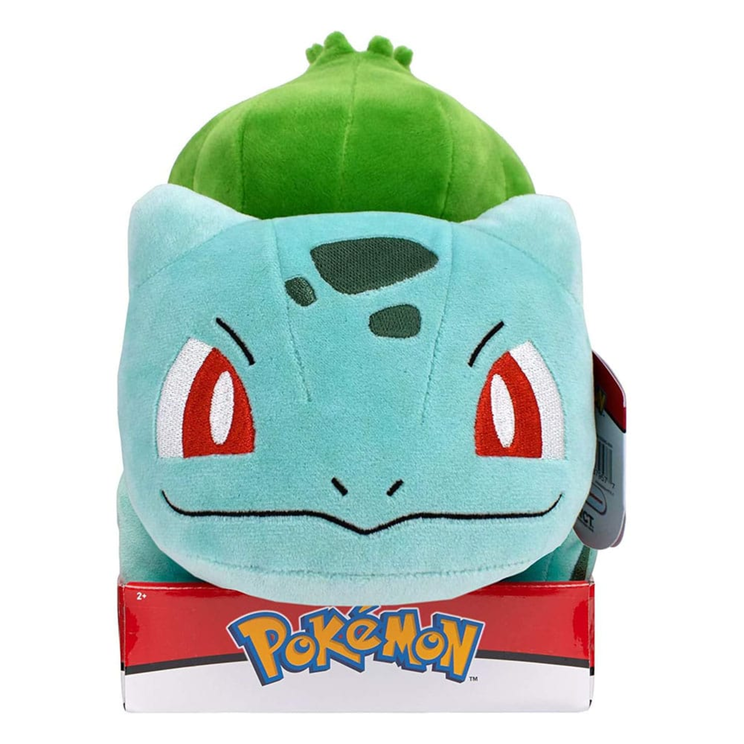 Bulbasaur knuffel in een Pokémon-doos. Witte achtergrond.