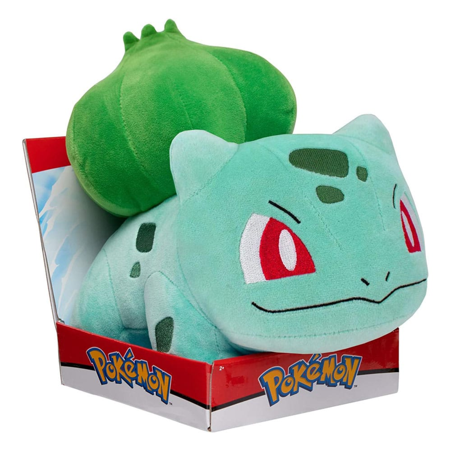 Bulbasaur Pokémon knuffel in een doos met het Pokémon logo.