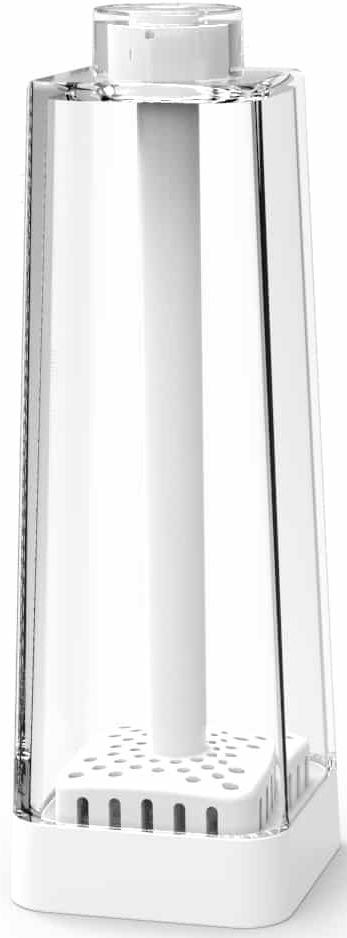 Un distributeur transparent et rectangulaire avec une base blanche et une structure cylindrique blanche à l'intérieur.