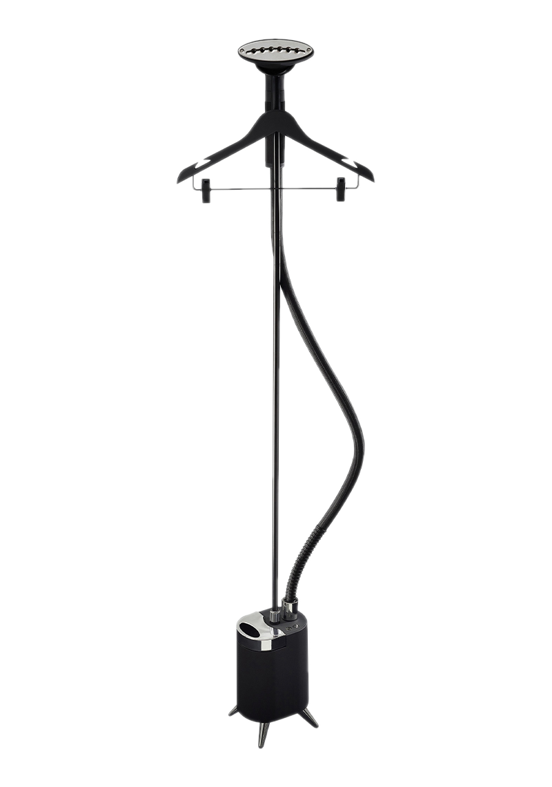 Vapeur de vêtements noir avec des bras de cintre. Un tuyau noir se connecte à une base avec un réservoir d'eau.