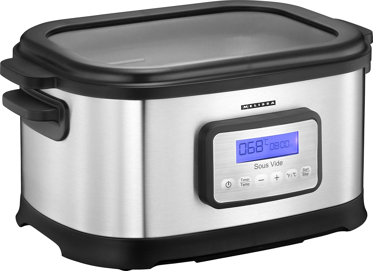 Cuiseur sous vide argenté et noir avec affichage numérique, température et minuterie.