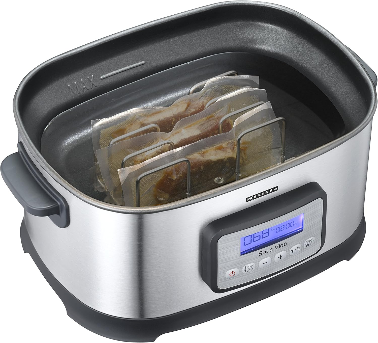 Machine sous vide avec aliments en sachets, affichage numérique temps et température.