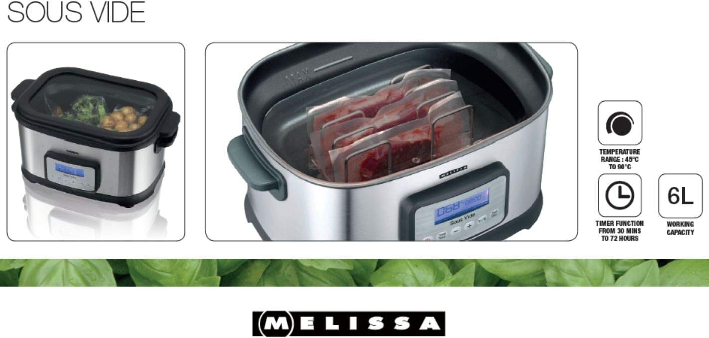 Machine sous vide avec nourriture à l'intérieur. Deux images, texte et logo.