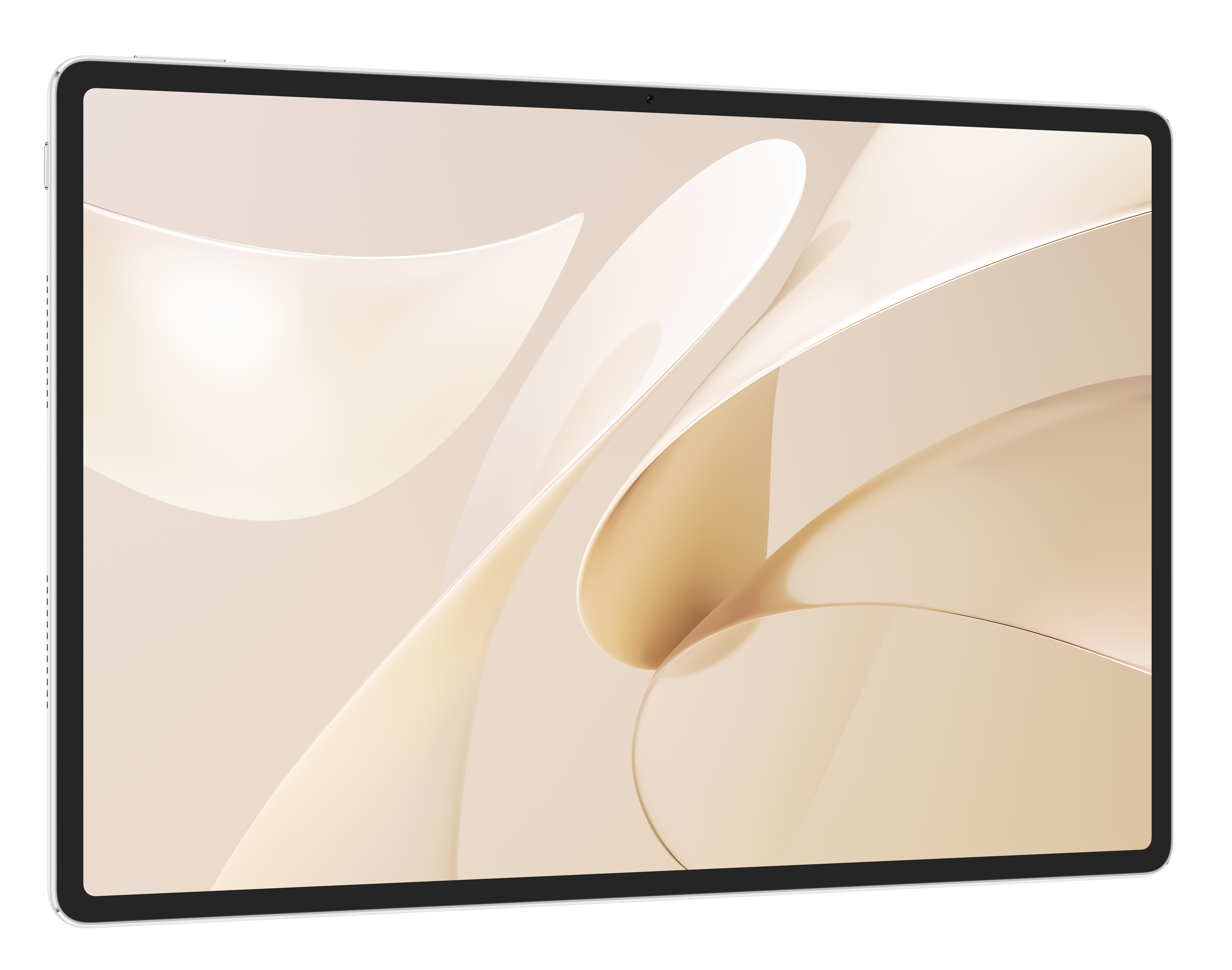 Tablet z białą ramką i ekranem wyświetlającym beżowy abstrakcyjny wzór.