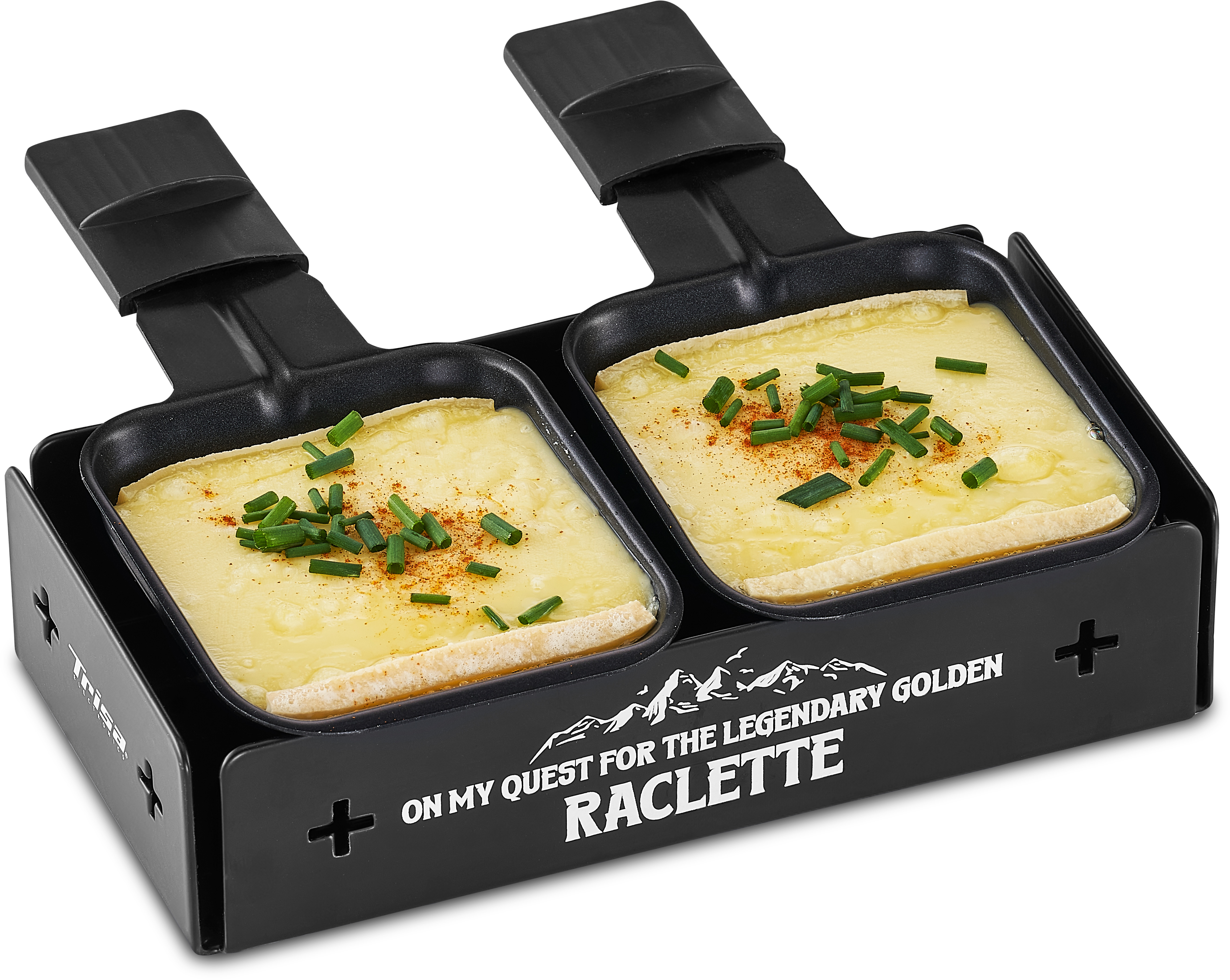 Gril à raclette avec fromage fondu et ciboulette, dans un cadre noir.