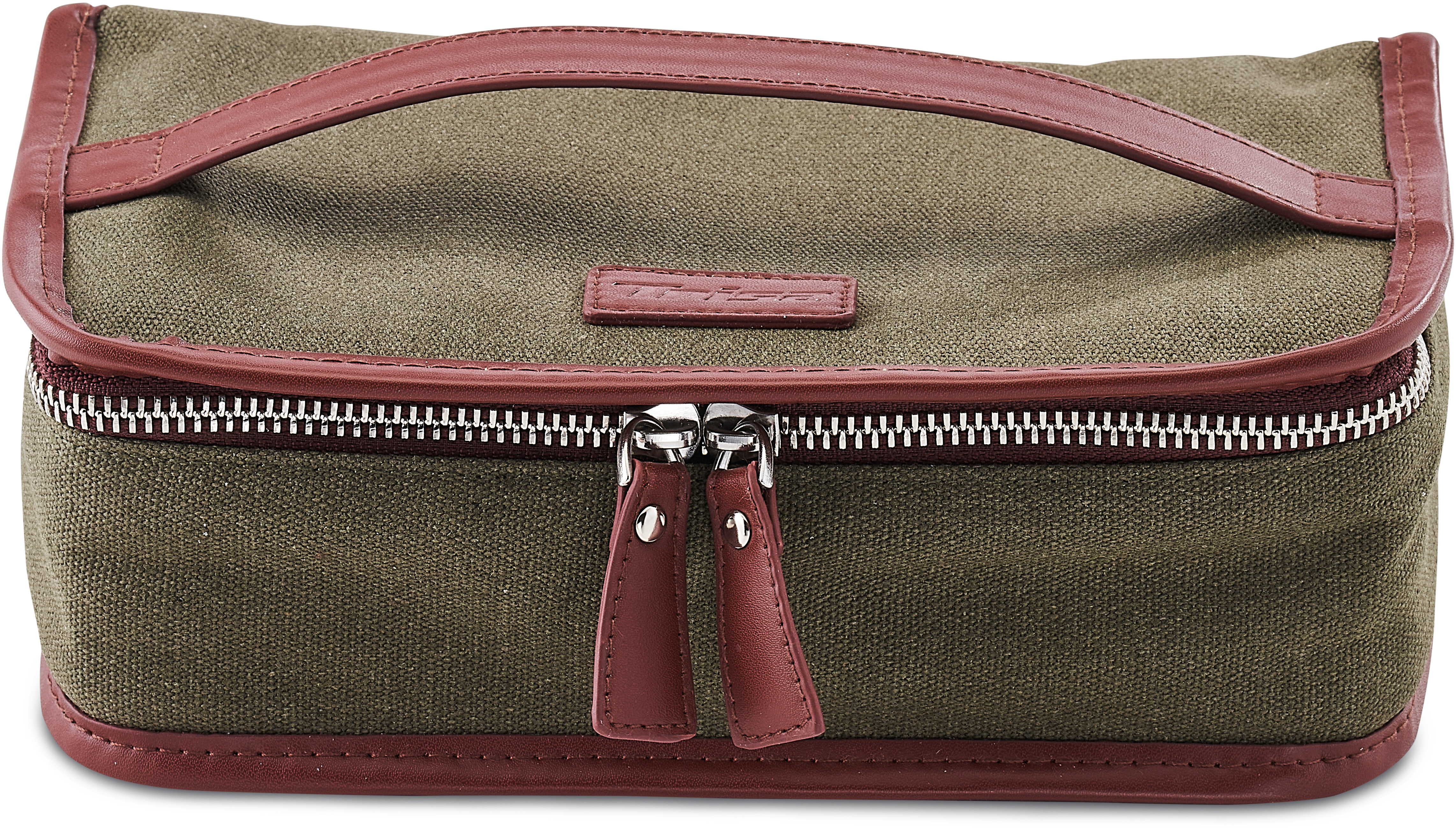 Sac en toile verte avec garniture et poignée en cuir marron. Fermeture éclair argentée.