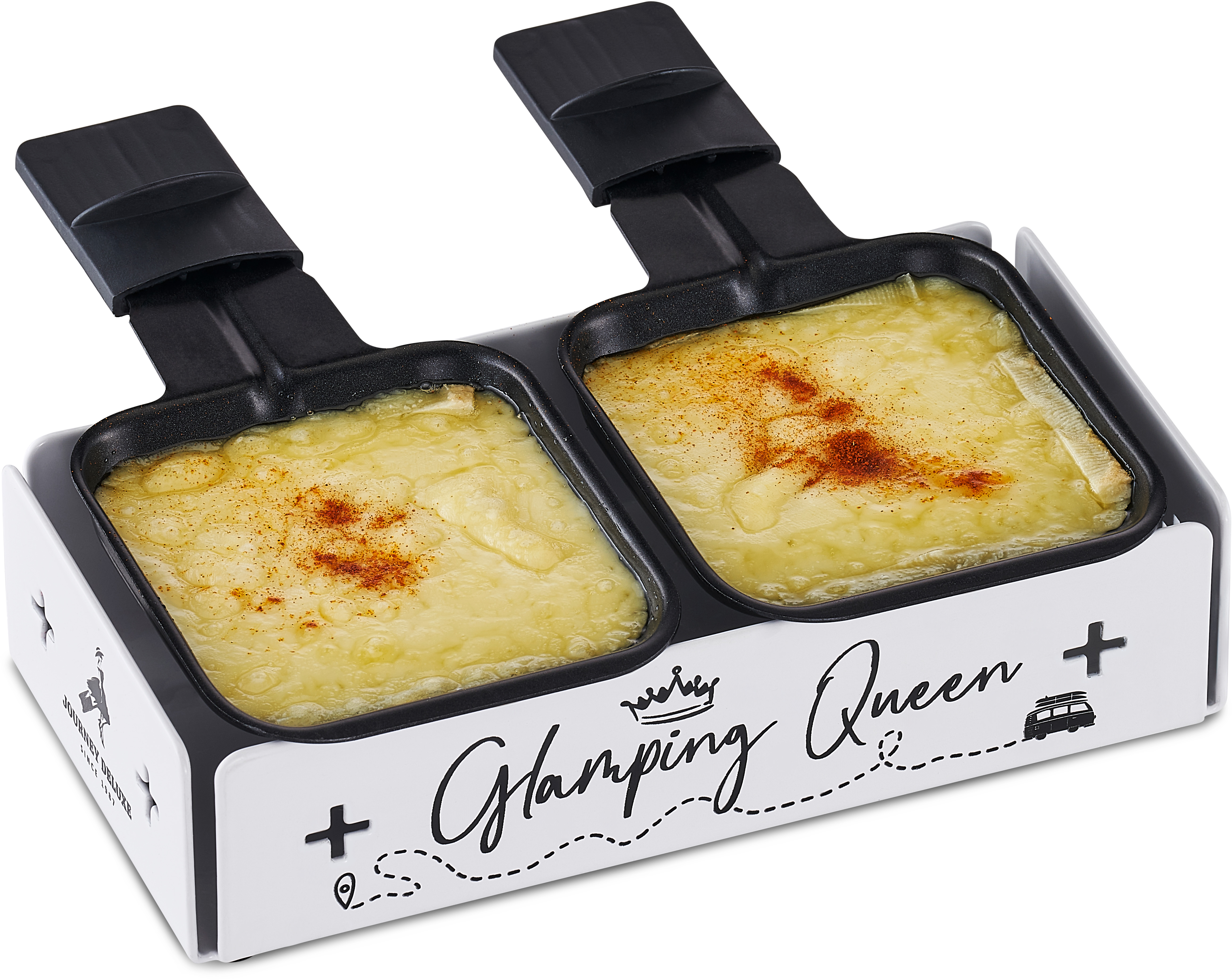 Una griglia per raclette con formaggio fuso e paprika. L'etichetta dice 'Glamping Queen'.