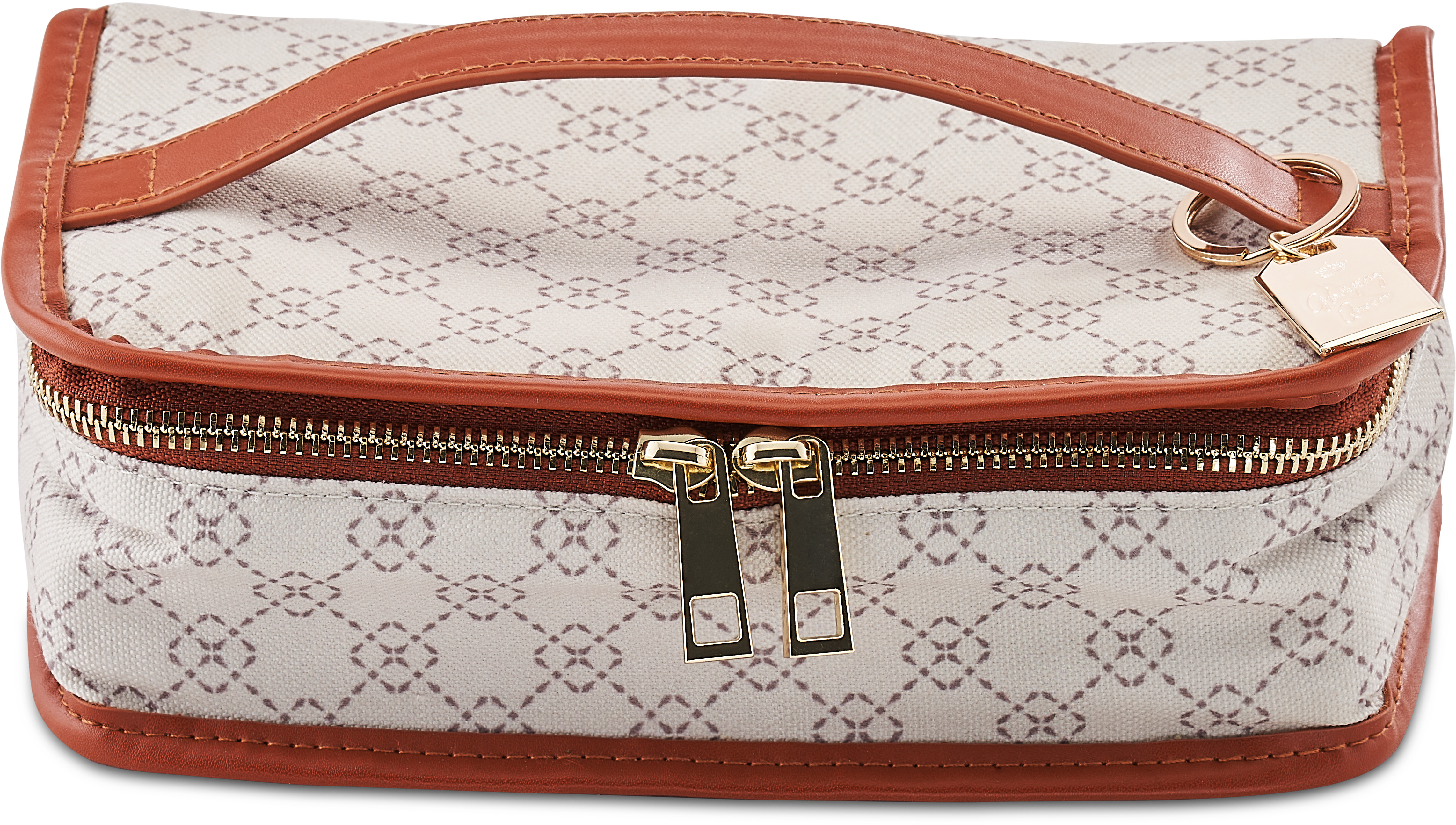 Pochette per cosmetici con manico, finiture e tiretti della cerniera in pelle marrone.