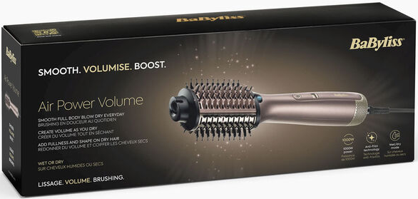Scatola Babyliss Air Power Volume, styler per capelli. Scatola nera con testo e immagine del prodotto.