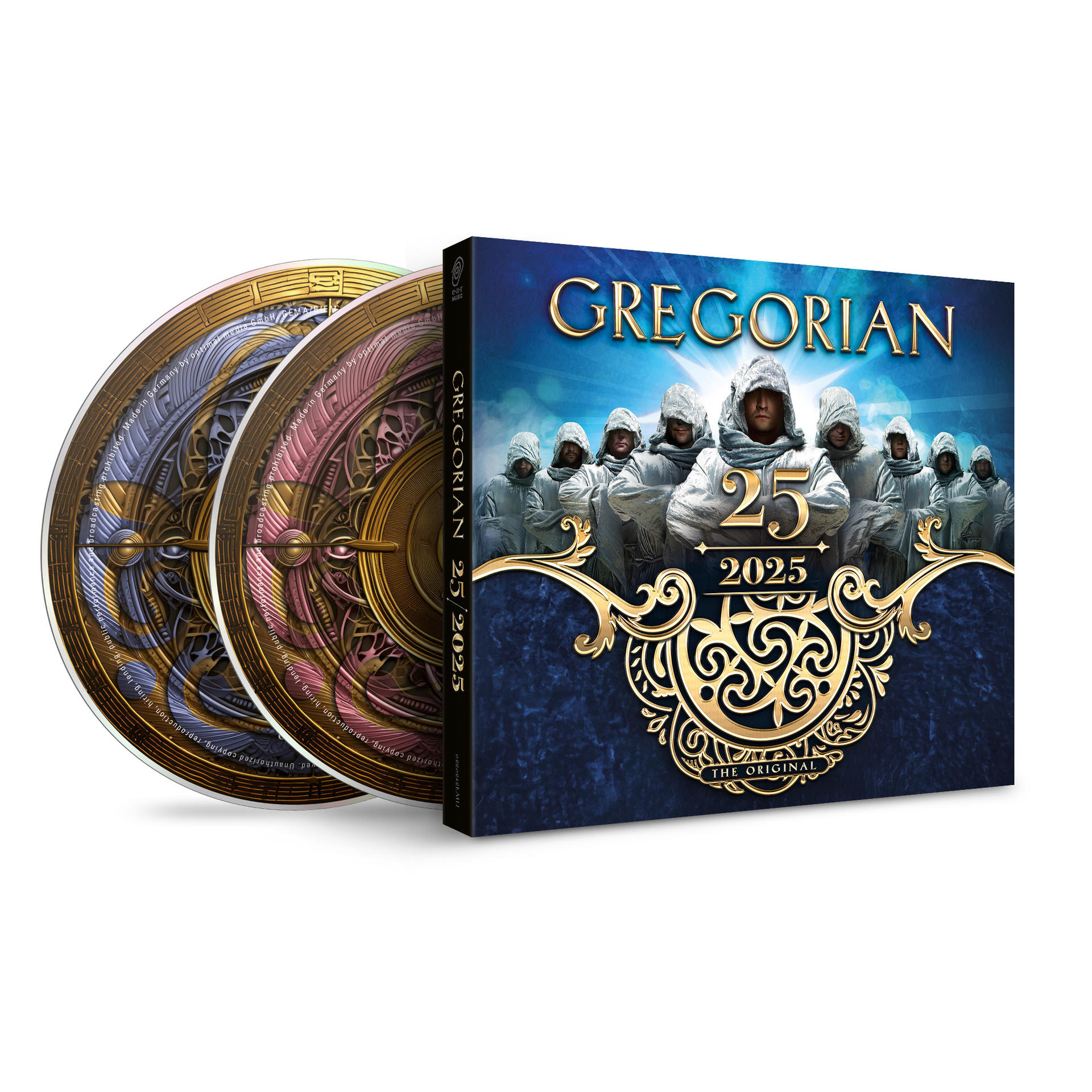 CD-Set mit Cover, das Personen in weißen Mänteln zeigt, schwarzer Text 'Gregorian 25 2025'.
