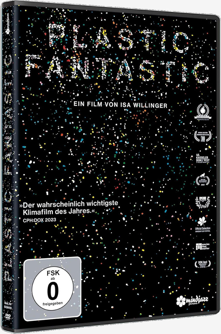 DVD-Hülle für den Film 'Plastic Fantastic'. Das Cover ist schwarz mit bunten, verstreuten Punkten und Text.