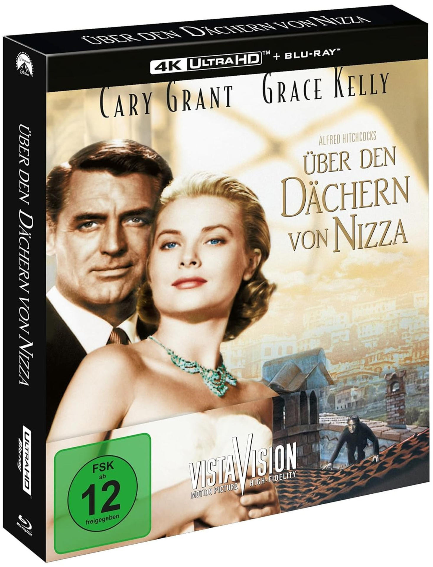 Filmcover mit Cary Grant und Grace Kelly, Text und Gebäudebild im Hintergrund.