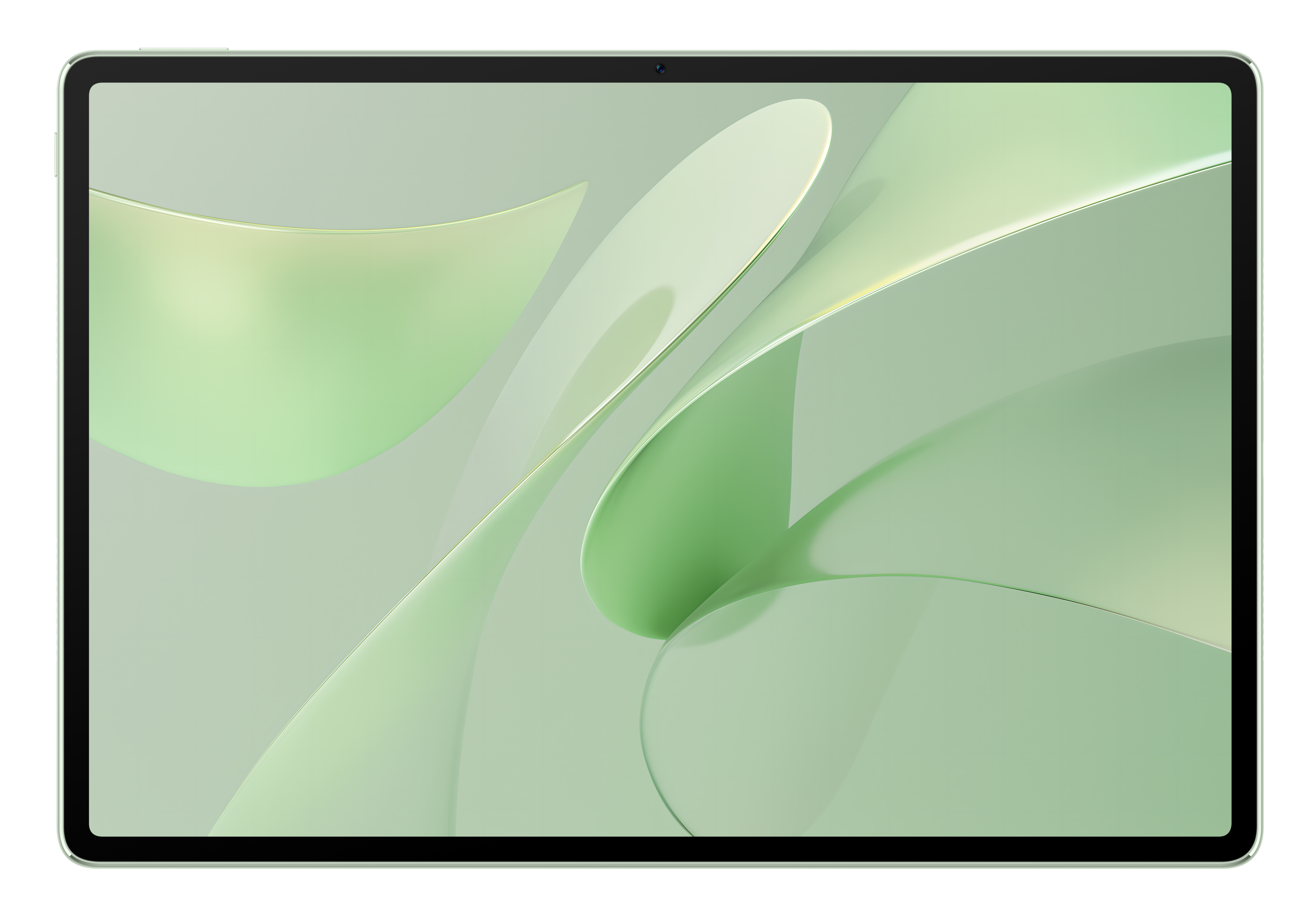 Tablet z zielono-białym abstrakcyjnym tłem.