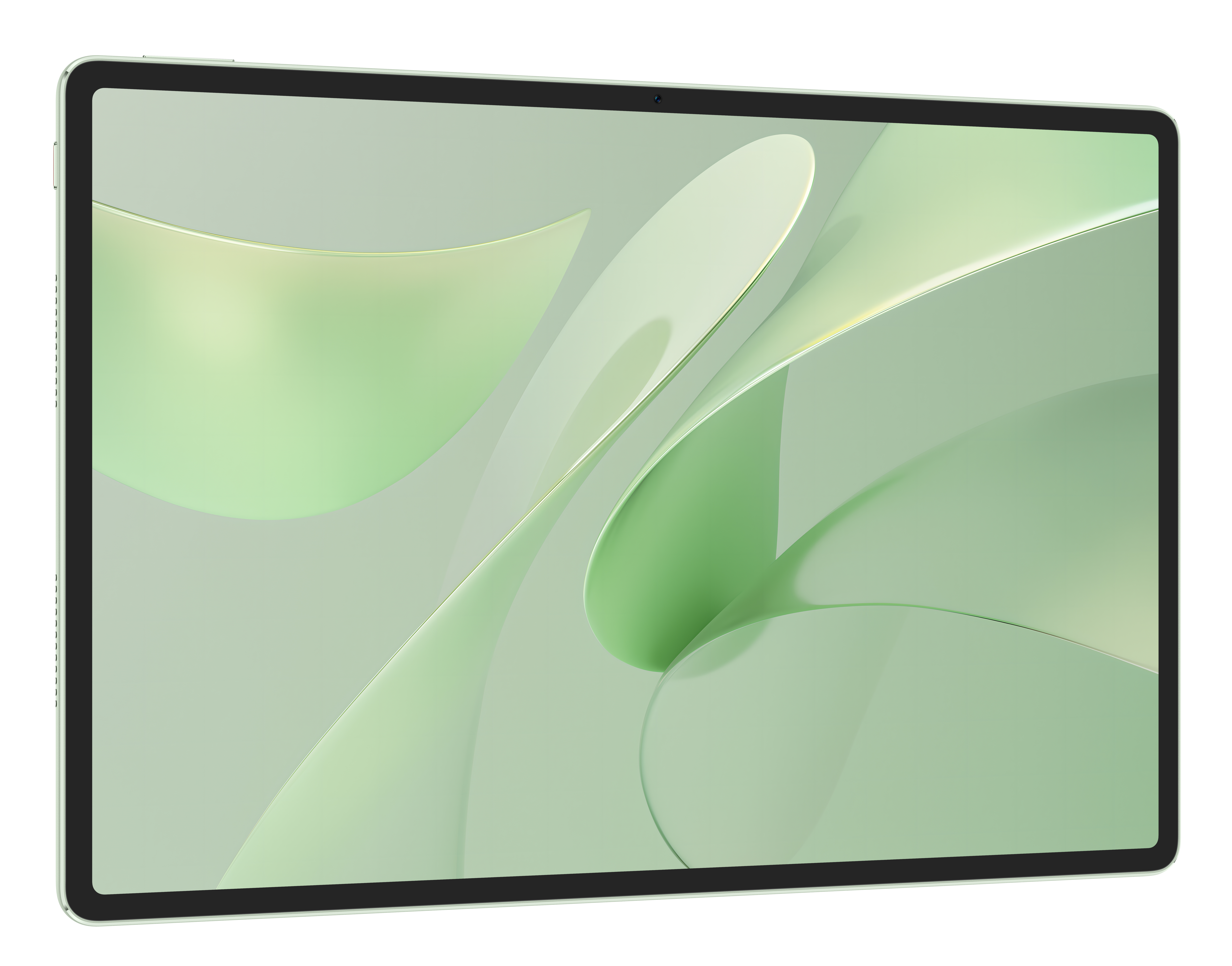 Tablet z tapetą w zielonym motywie wyświetlany na białym tle, pokazujący ekran.