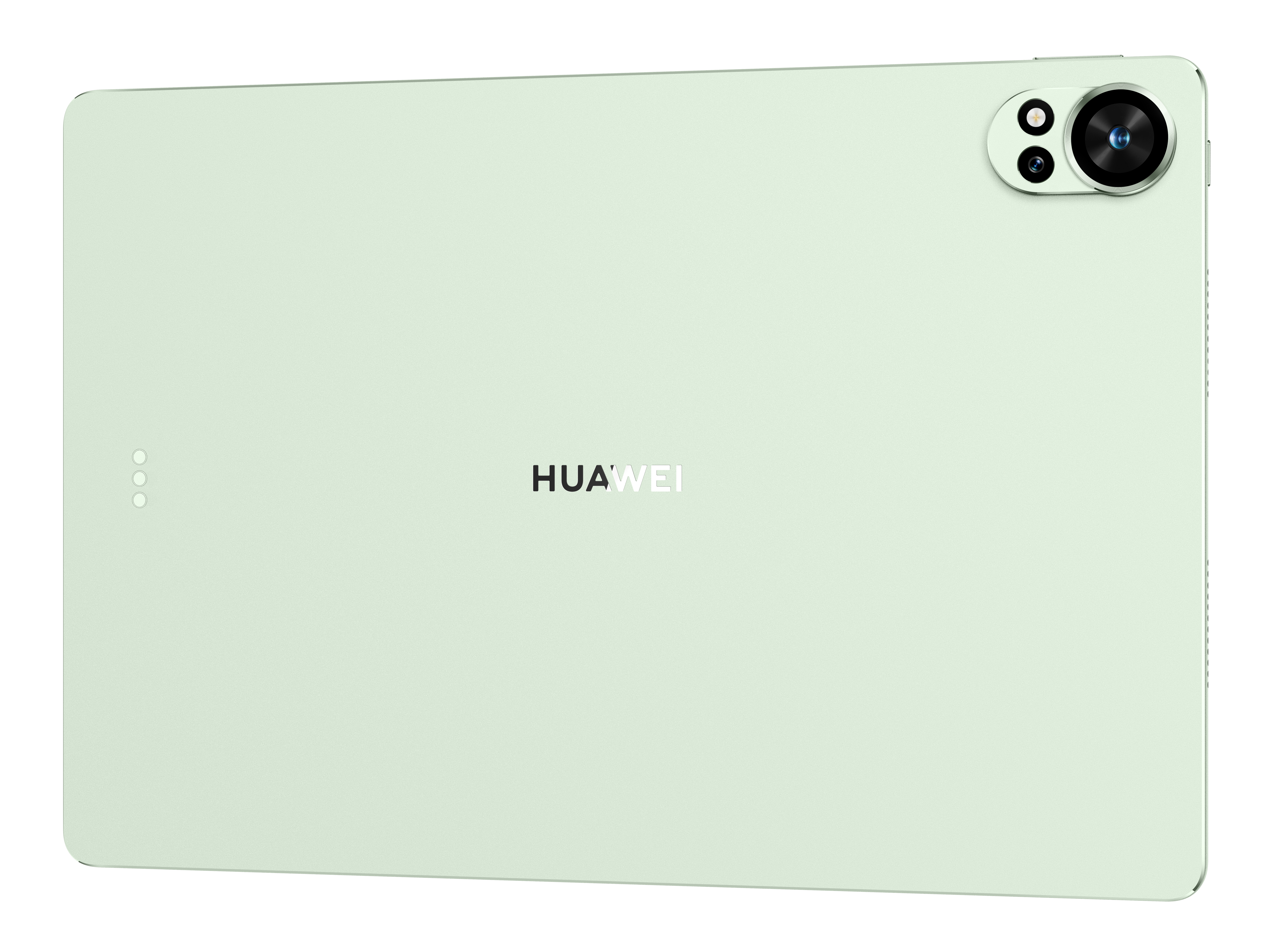 Zielony tablet z wypukłością aparatu. Białe logo HUAWEI. Aparat i lampa błyskowa z tyłu.