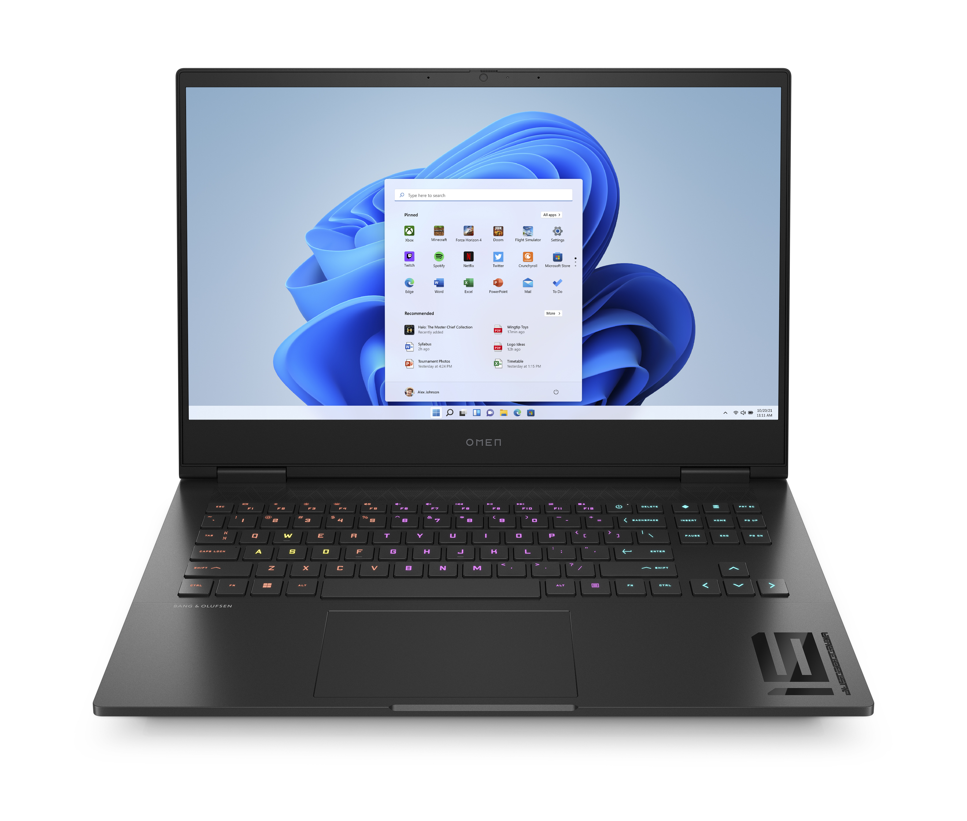 Siyah dizüstü bilgisayar, açık, ekranda Windows 11 arayüzü görünüyor. Renkli arka aydınlatmalı klavye.
