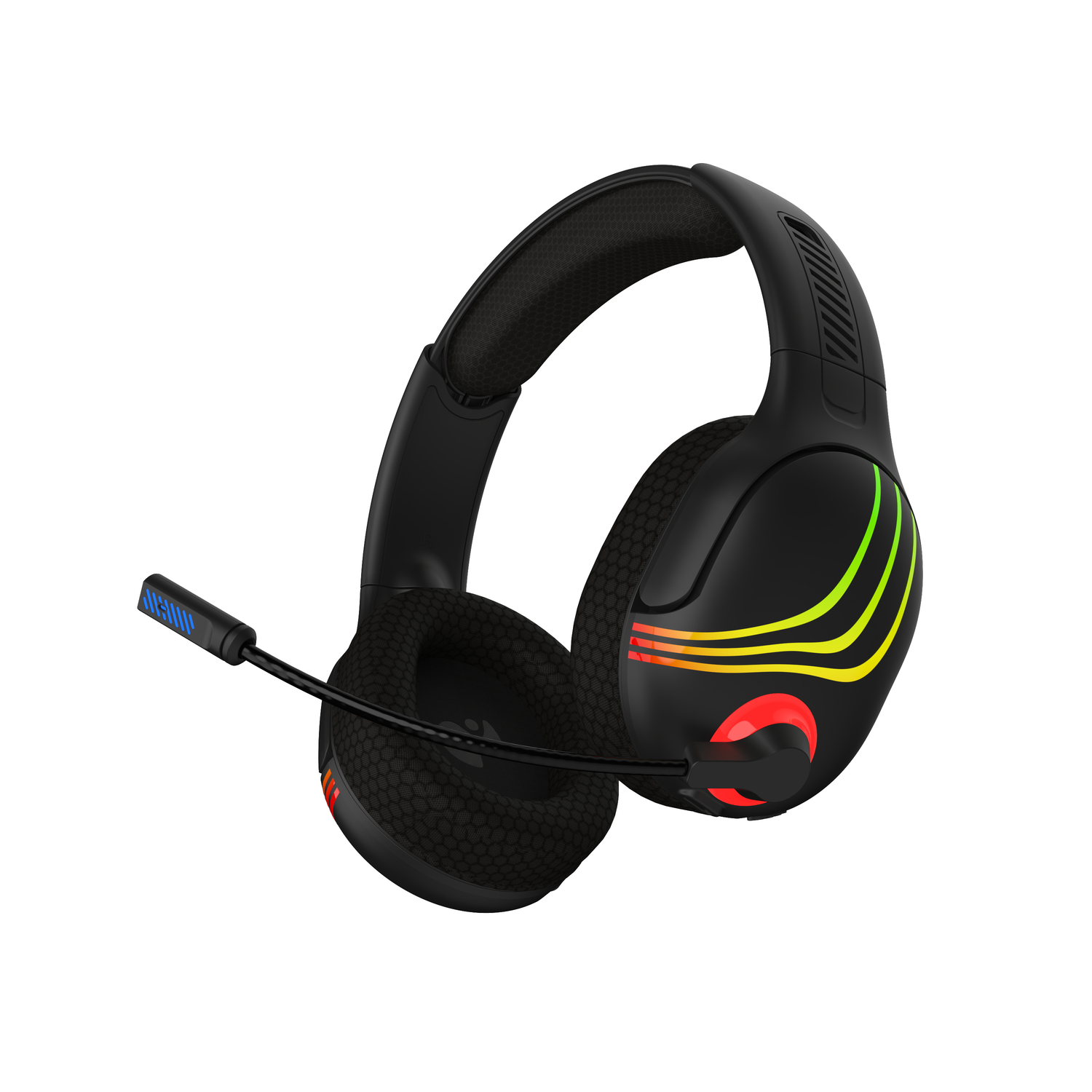 Zwarte gaming koptelefoon met een microfoon. Ze hebben gekleurde lichten aan de zijkant, geïsoleerd op een witte achtergrond.