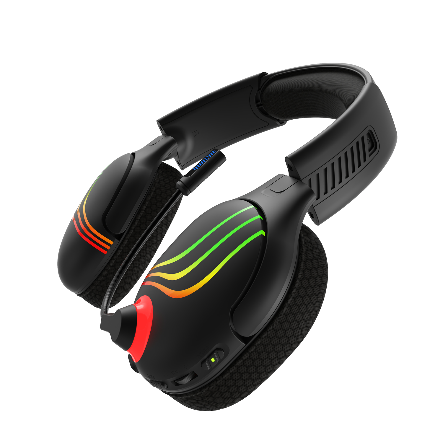 Zwarte gaming koptelefoon met RGB-verlichting. Schuin onder een hoek.