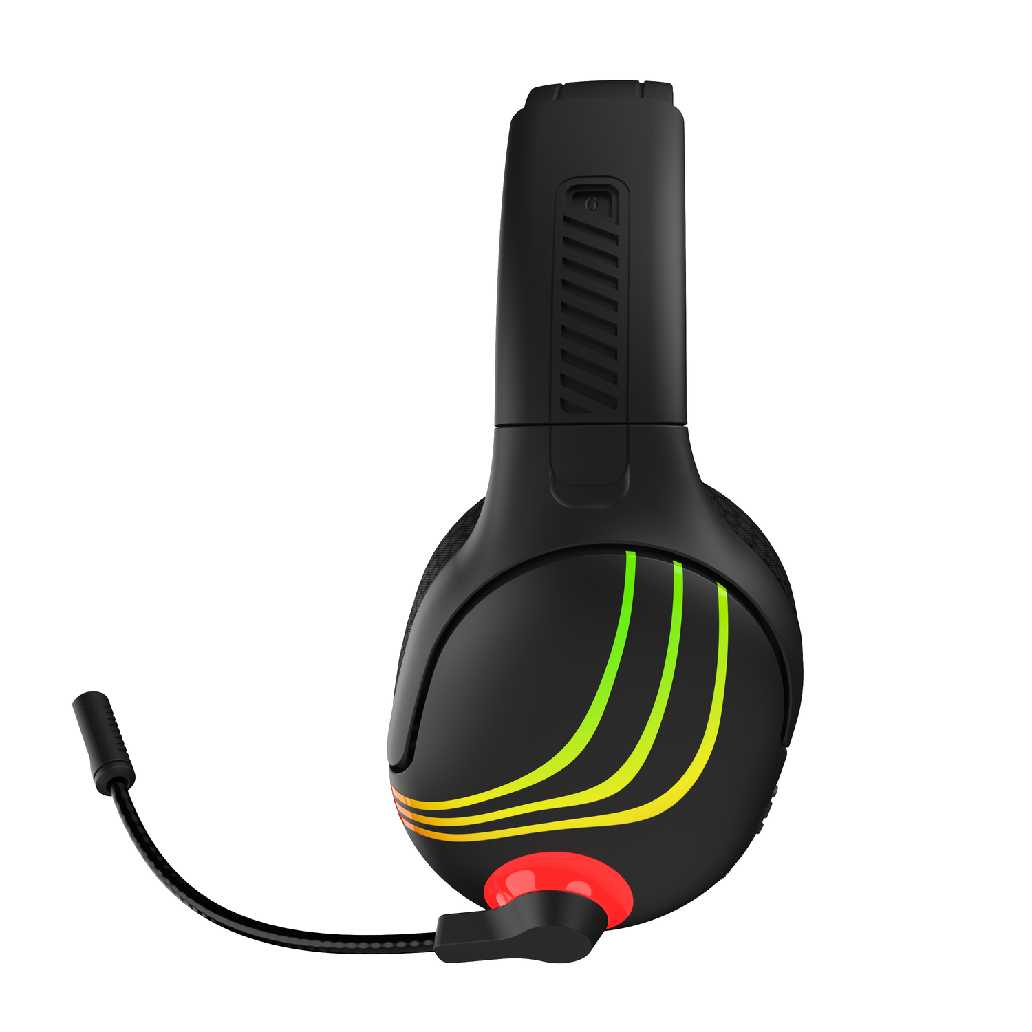 Zwarte headset met kleurrijke lichten. Het heeft een microfoon en is naar de camera gericht.