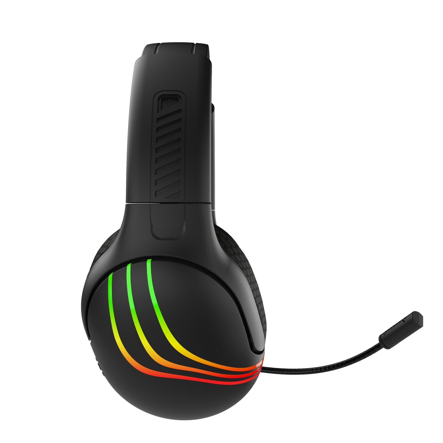 Een zwarte gamingheadset met kleurrijke lichten en een microfoonverlenging.