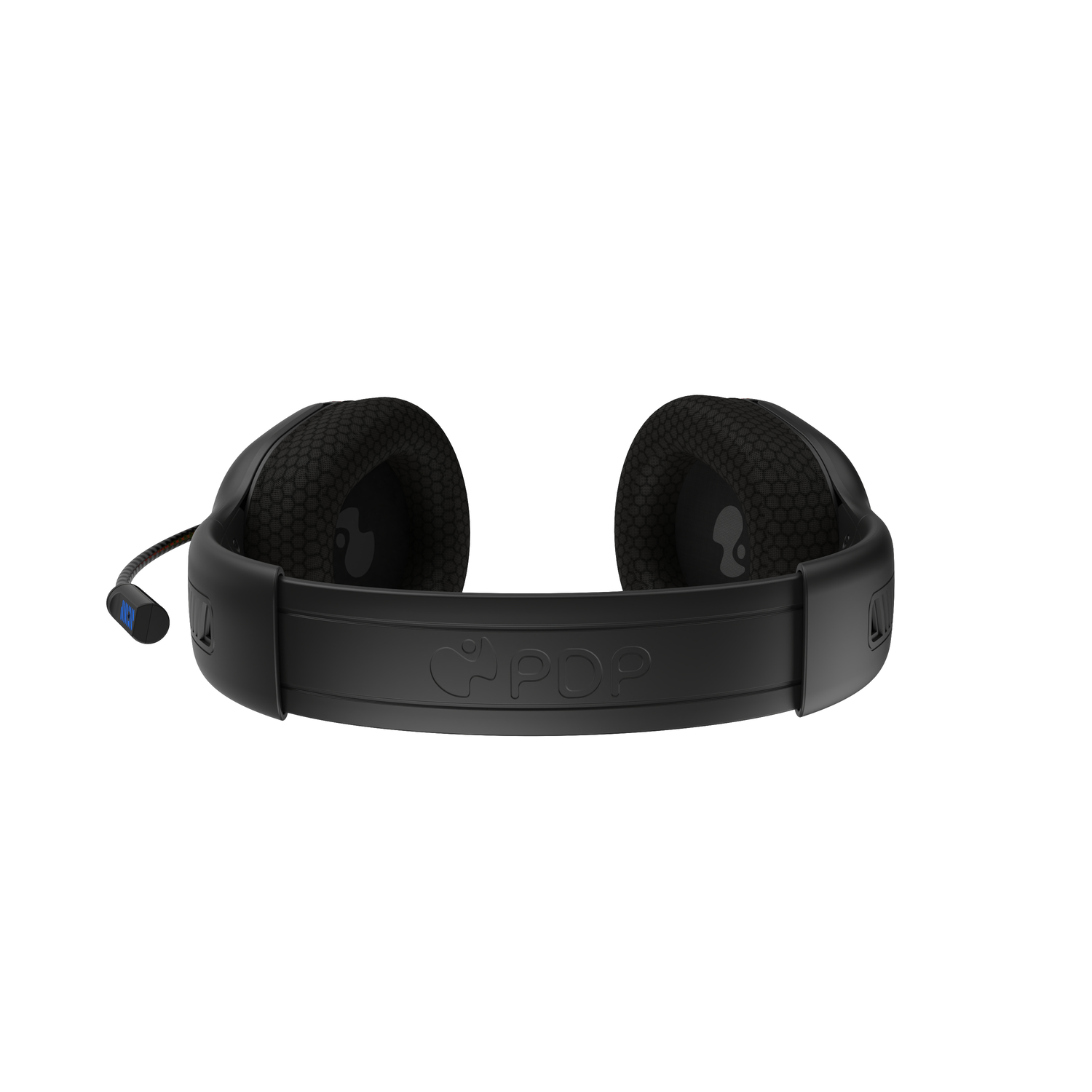 Zwarte gaming headset met een microfoon. Toont de hoofdband en oorschelpen. Witte achtergrond.