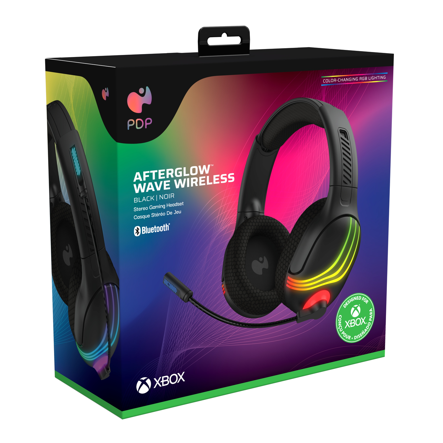 Zwarte Afterglow Wave draadloze gamingheadset op een doos met kleurrijke lichten.