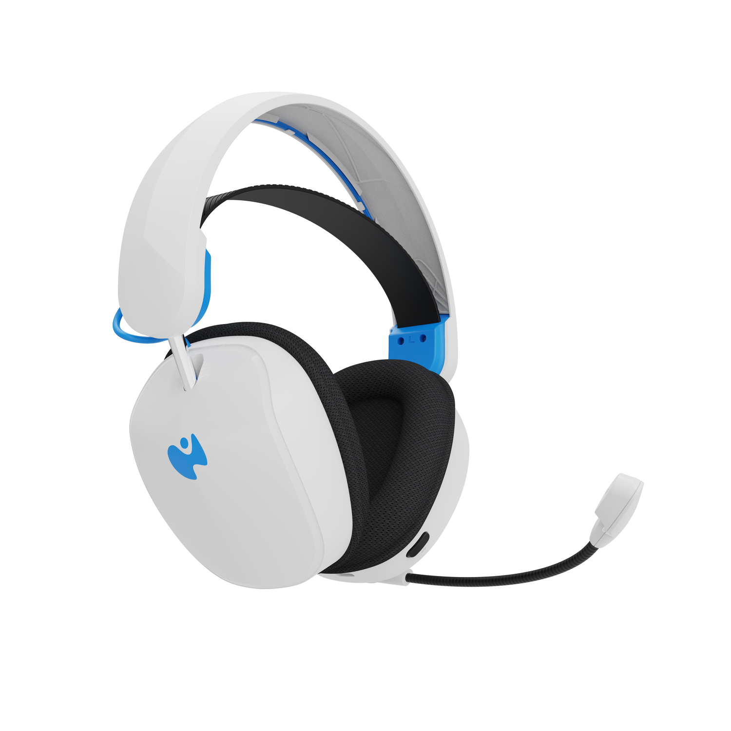 White gaming headset with blue accents. The headset has a microphone and a logo on the side.