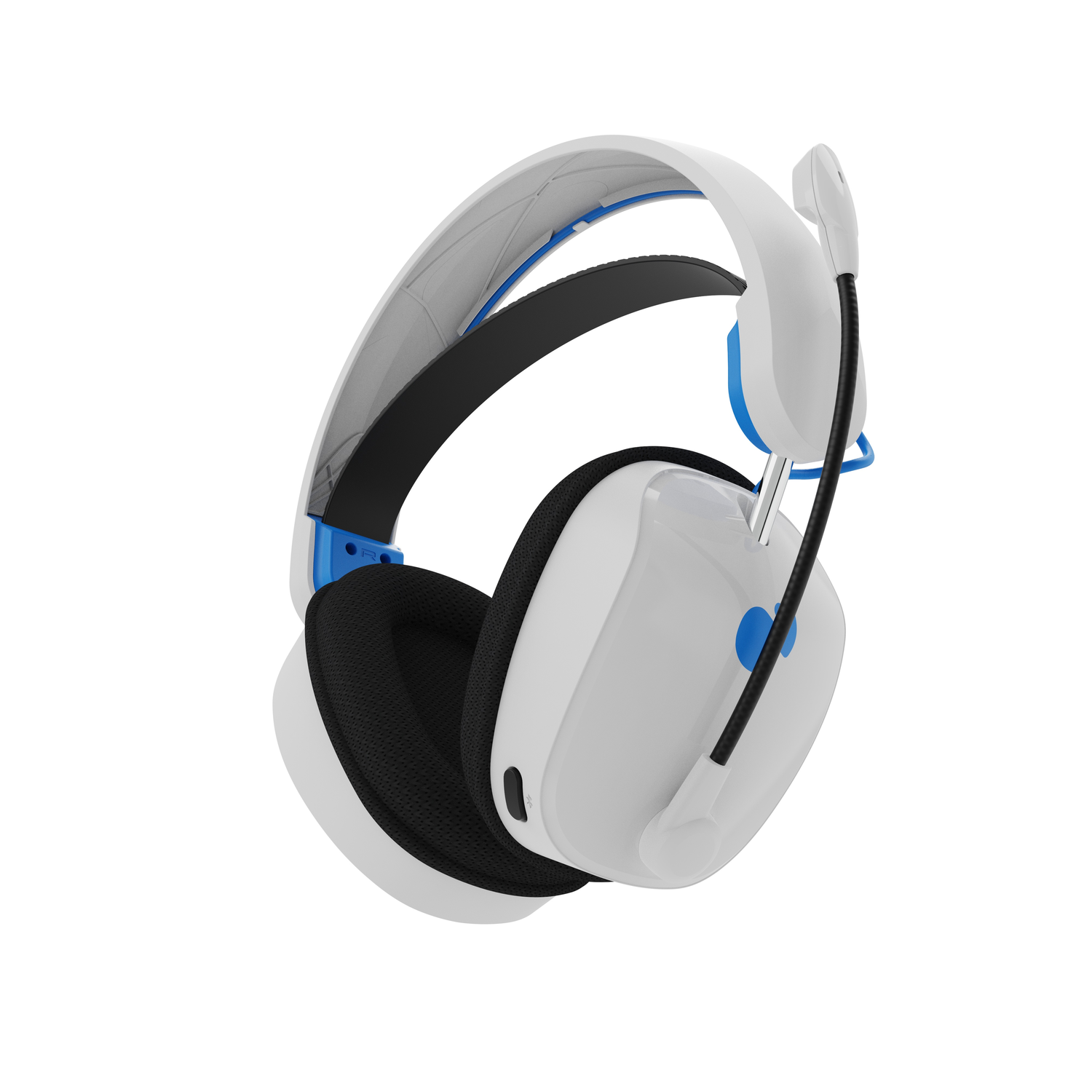 White, blue, and black headphones on a white background.