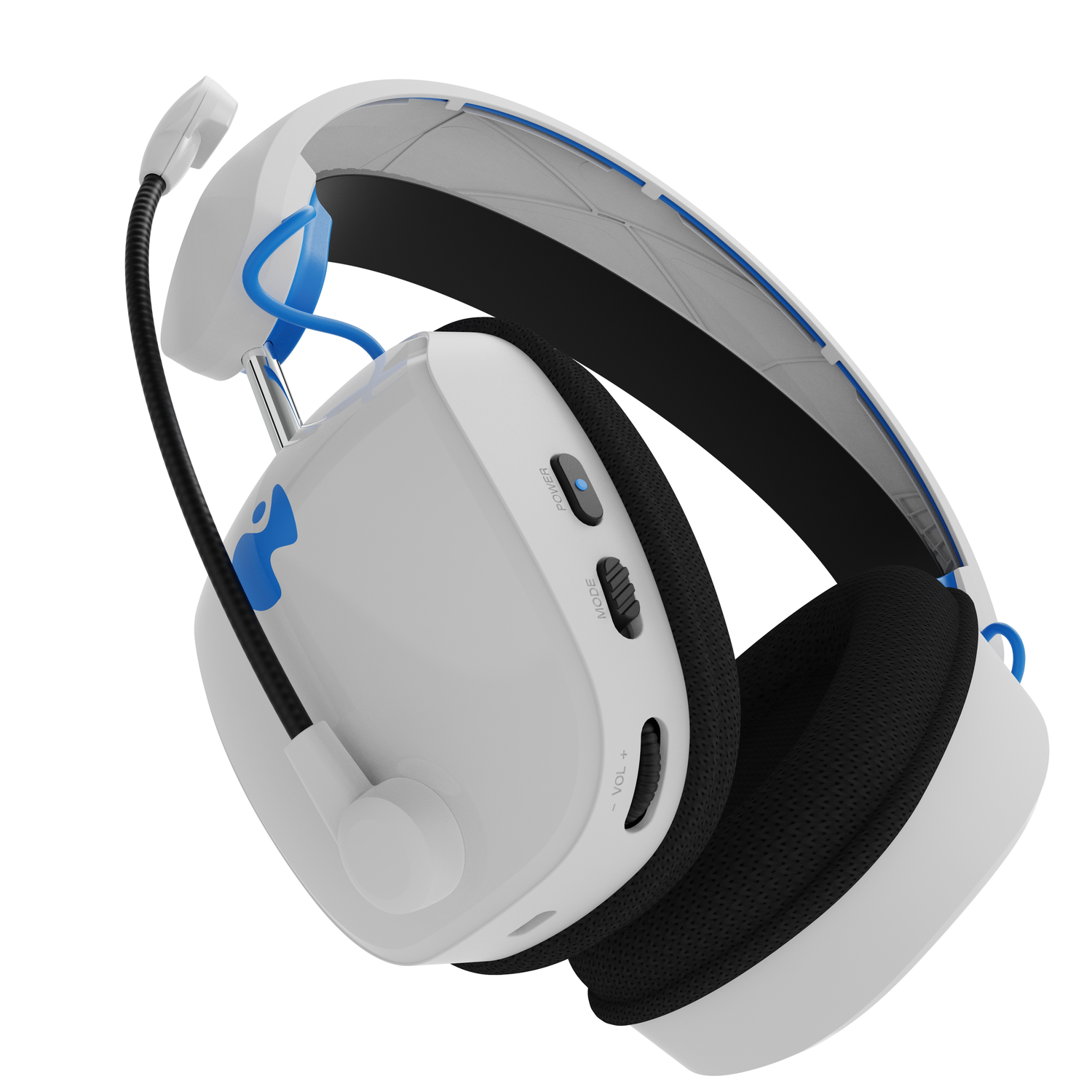White and blue gaming headset. The left side has a microphone.