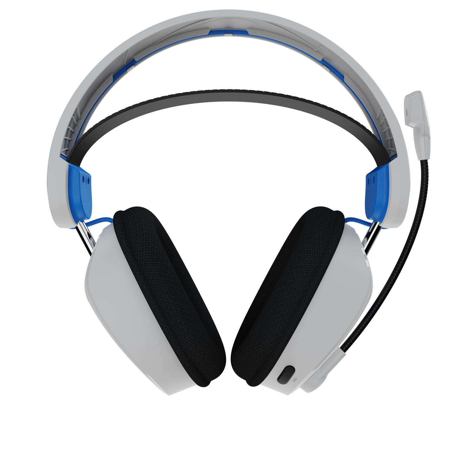 White and blue gaming headset, with a microphone and two earcups.